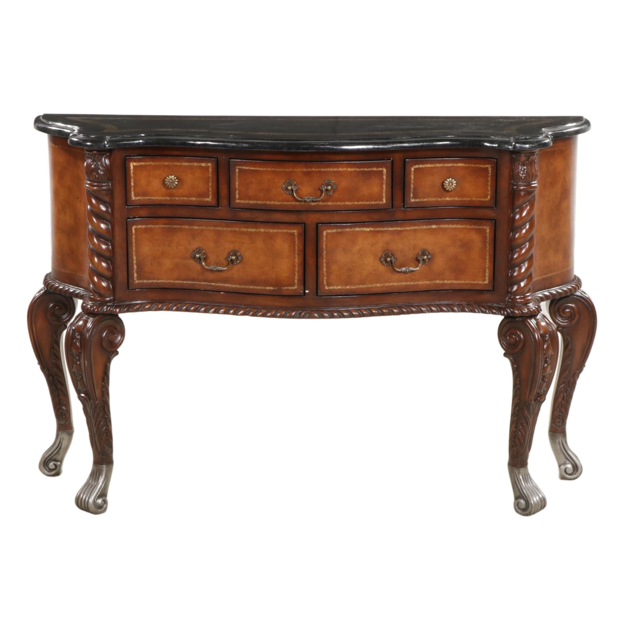 Baroque Style Carved Wood, Stone Top and Metal Foot Credenza