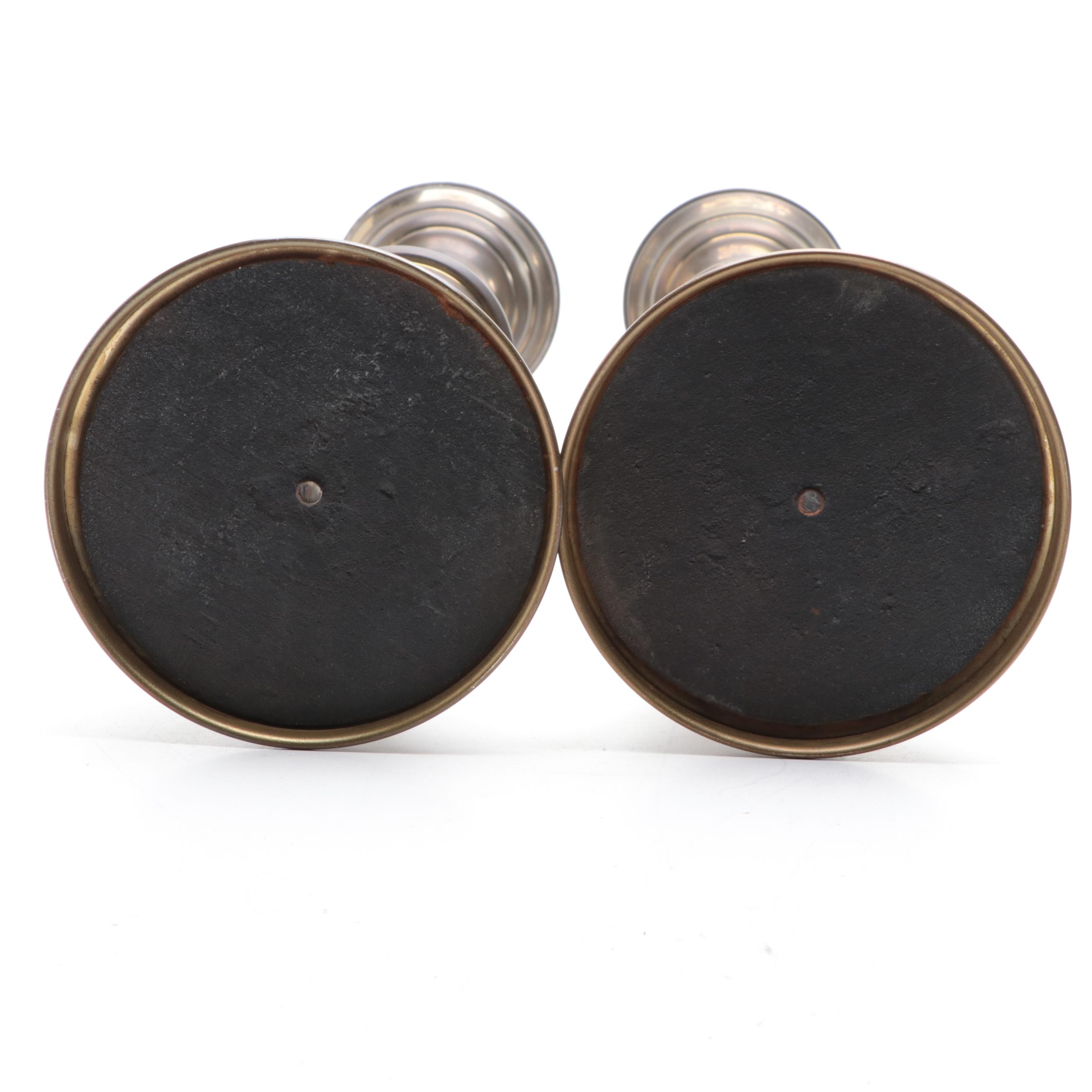 Pair of Tubular Brass Pillar Candle Holders, Mid-20th Century