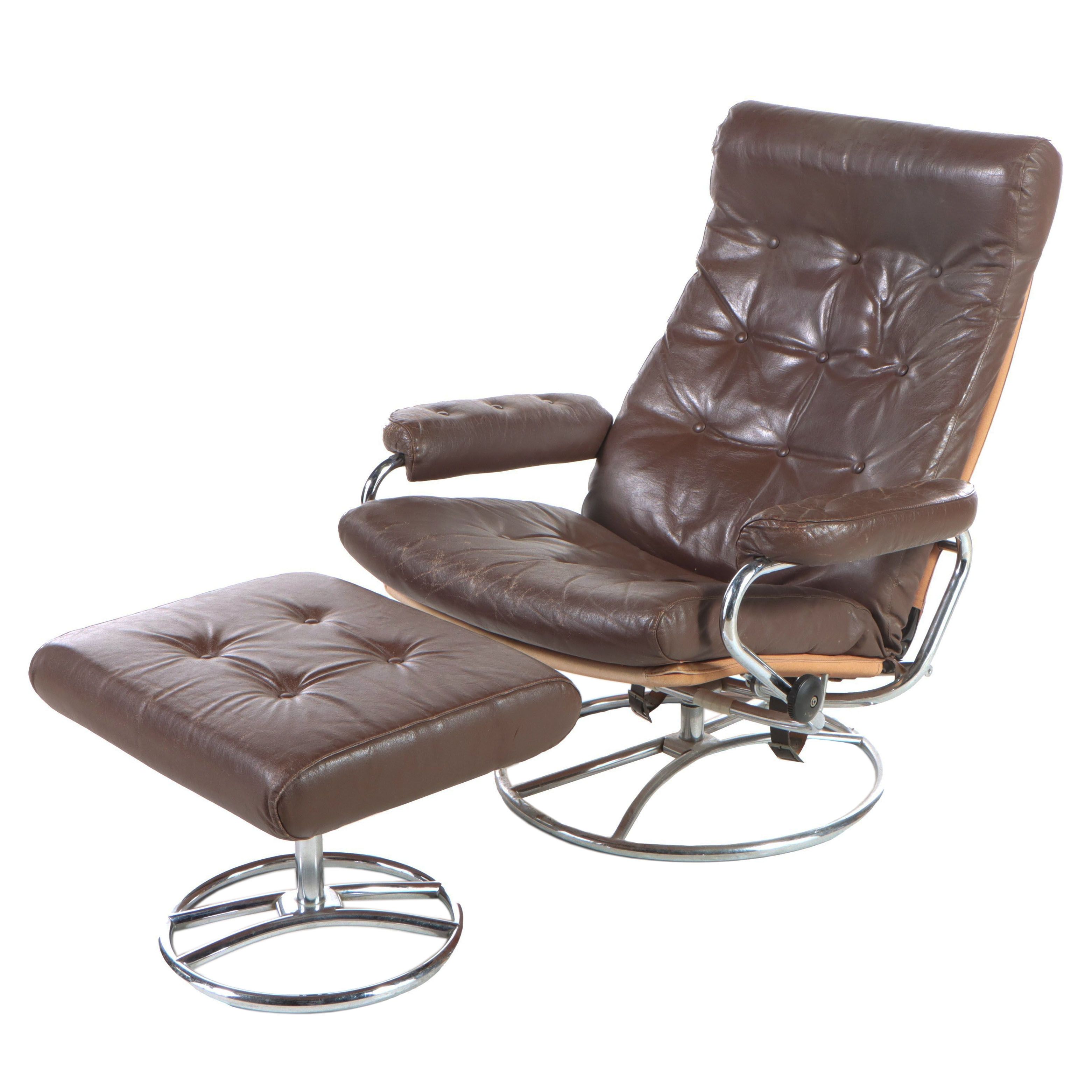 Modernist Chrome and Leather Lounge Chair and Ottoman, Manner of Ekornes, c 1970