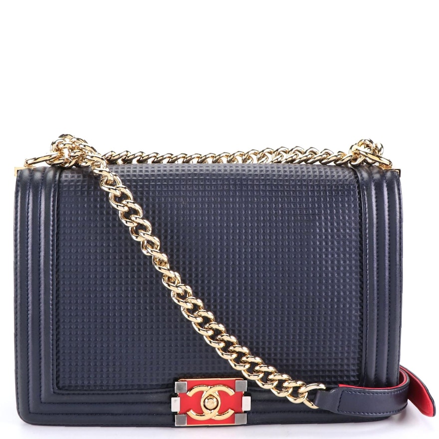 Chanel Large Boy Flap Bag in Cube-Embossed Lambskin Leather