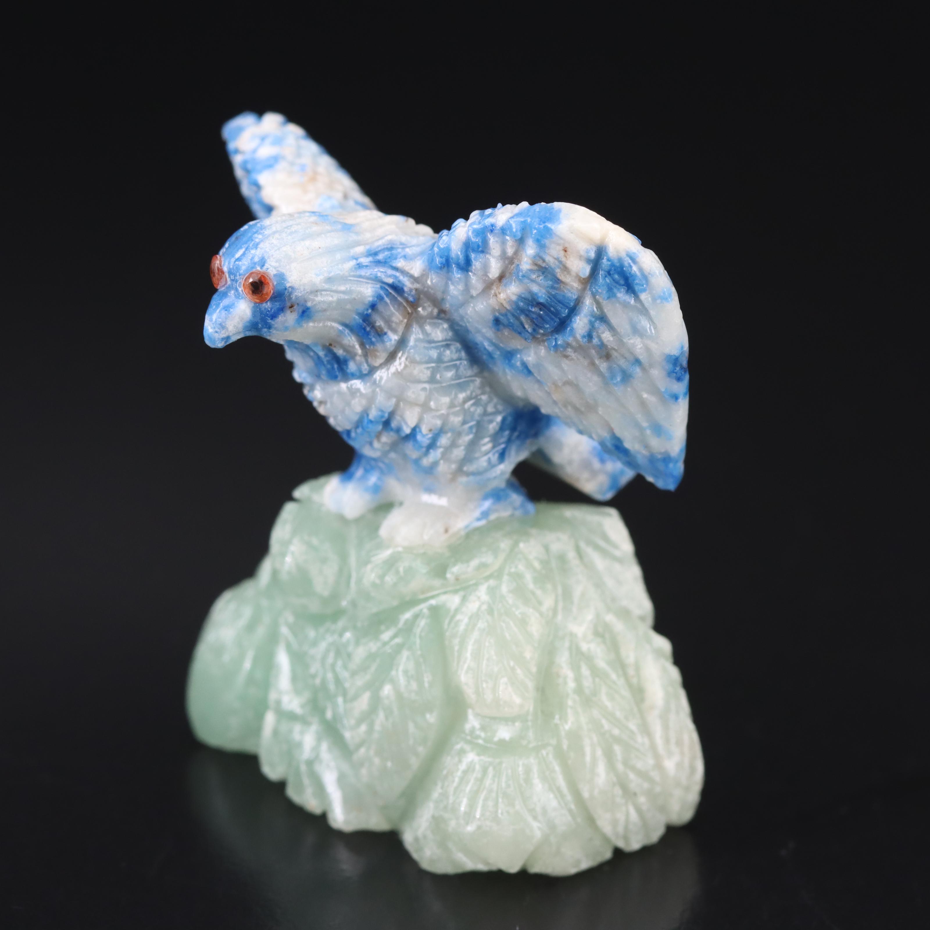 Carved Lapis Lazuli, Calcite Eagle Figurine with Sapphire Eyes