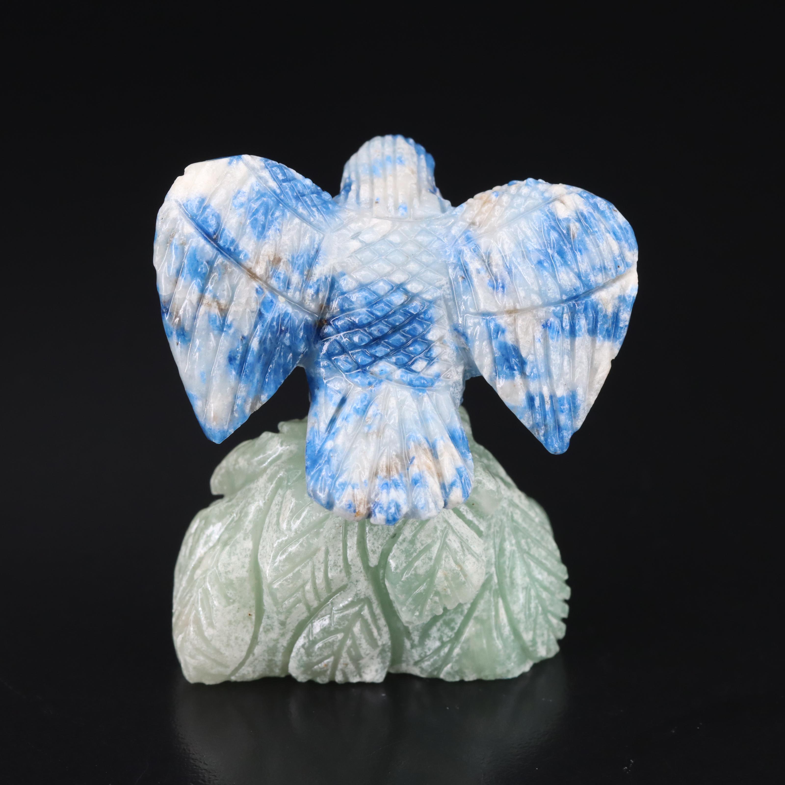 Carved Lapis Lazuli, Calcite Eagle Figurine with Sapphire Eyes