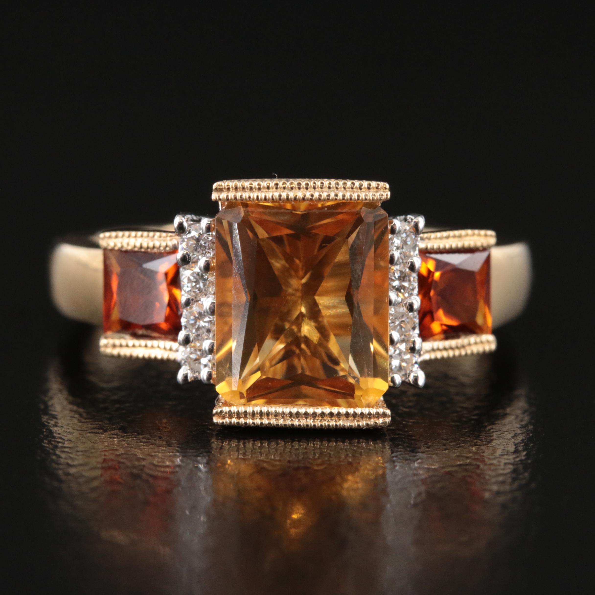 14K Citrine, Garnet and Diamond Ring