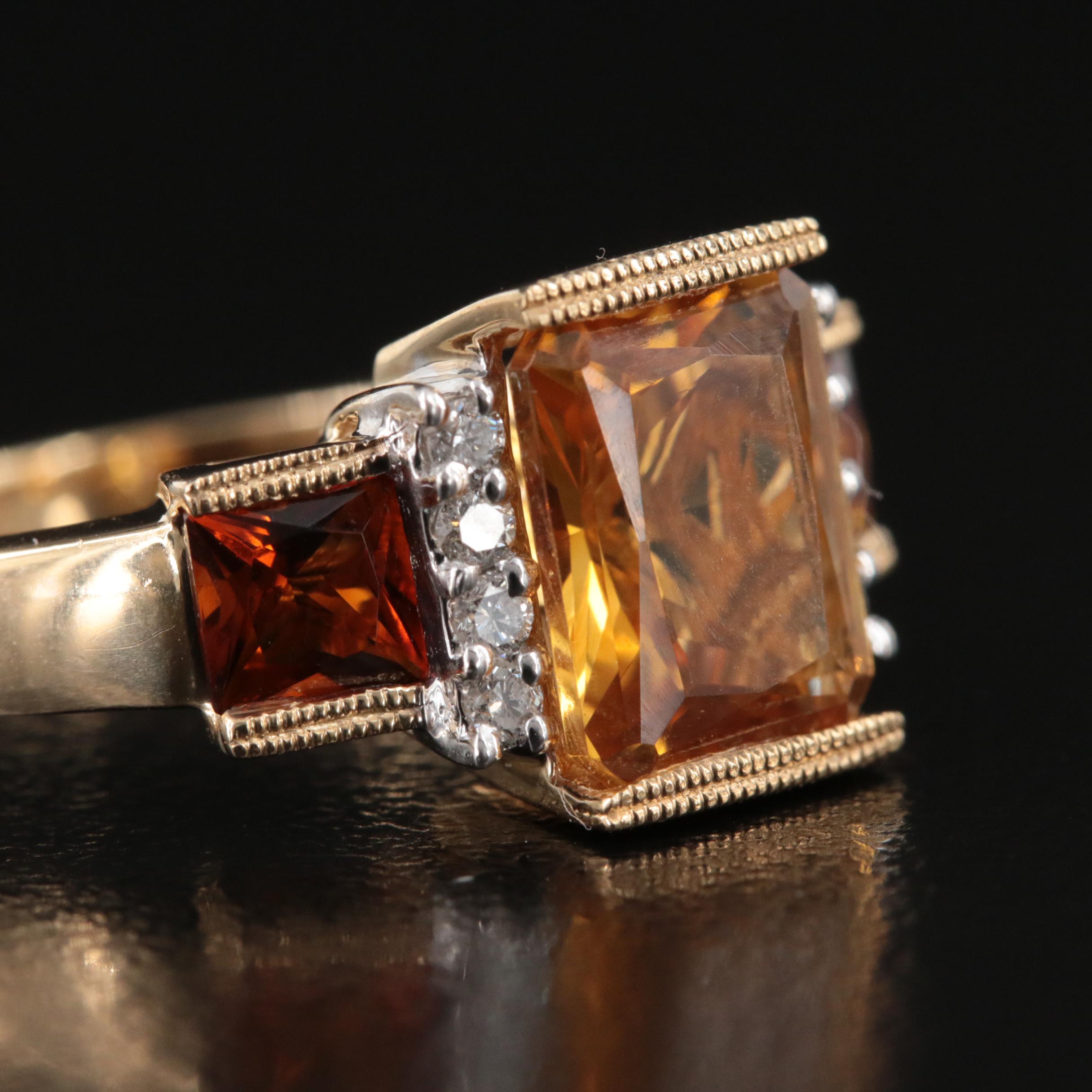 14K Citrine, Garnet and Diamond Ring