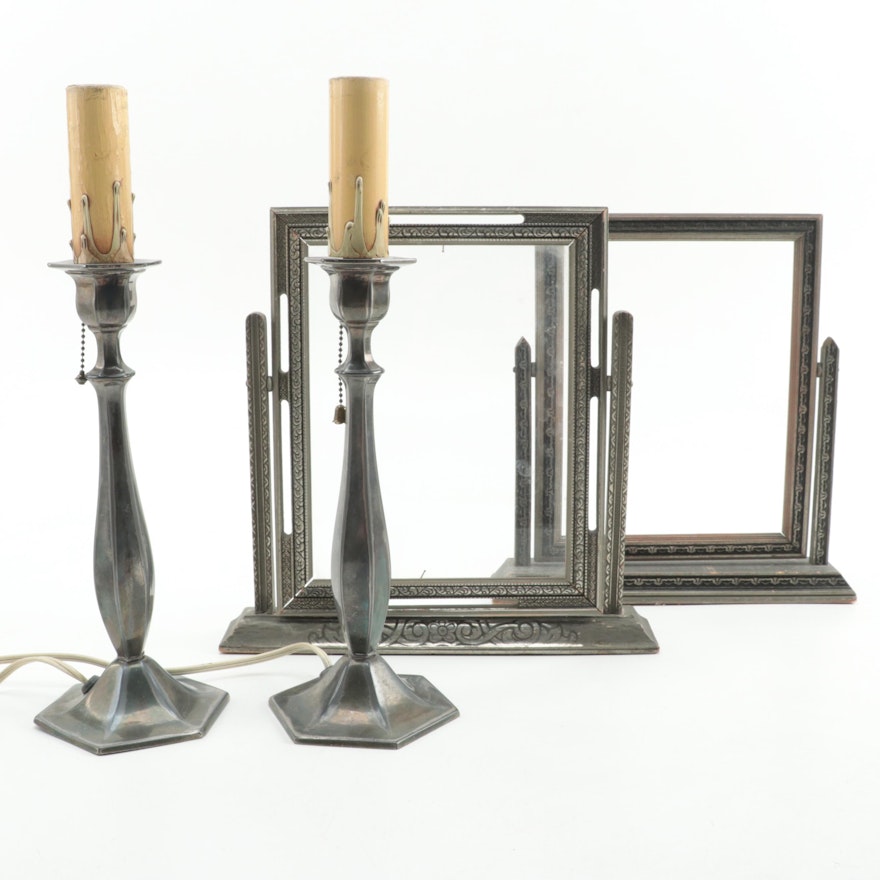 Weidlich Bros. Silver Plate Candlestick Lamps, Wood Picture Frames on Stands