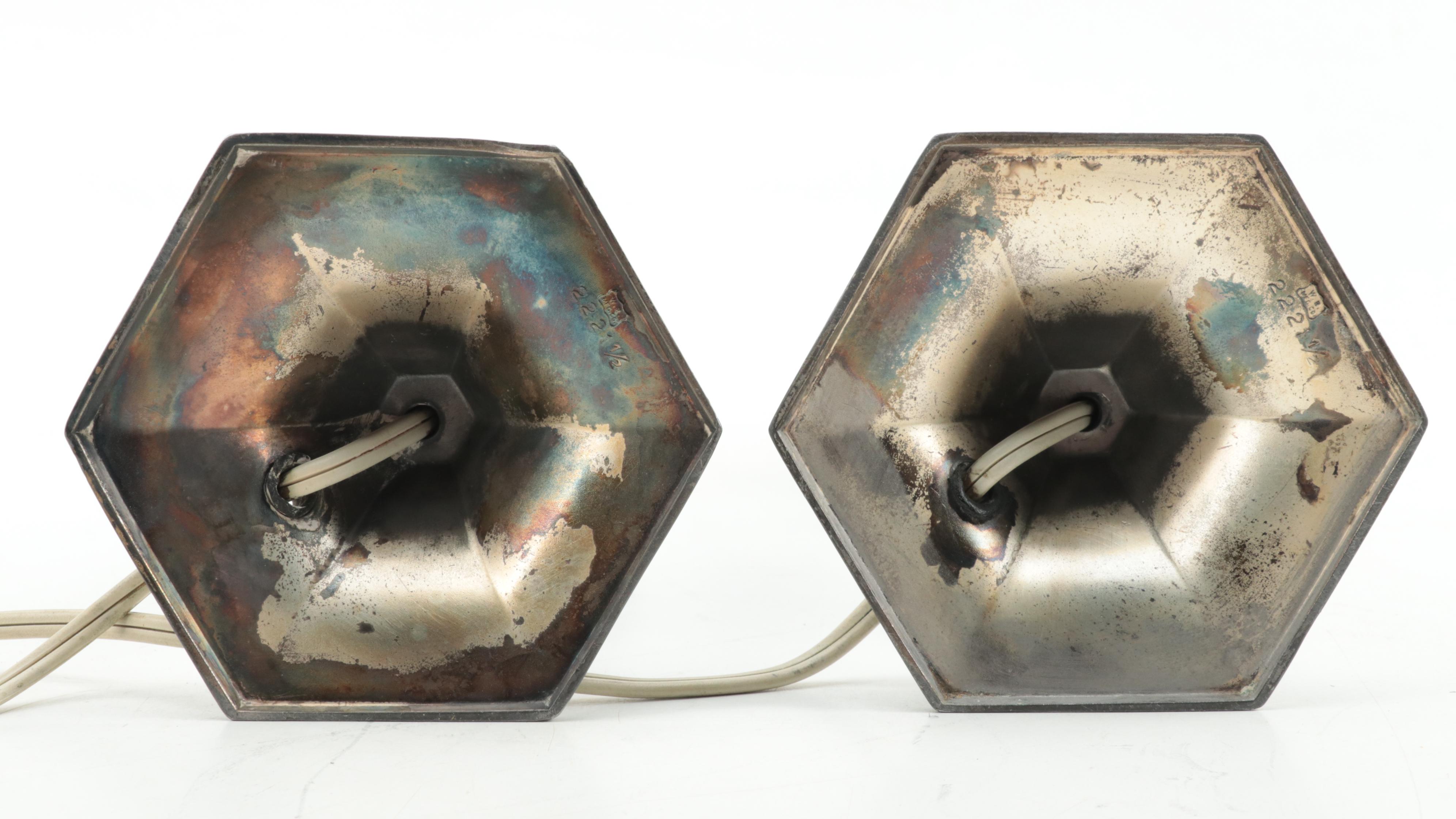 Weidlich Bros. Silver Plate Candlestick Lamps, Wood Picture Frames on Stands