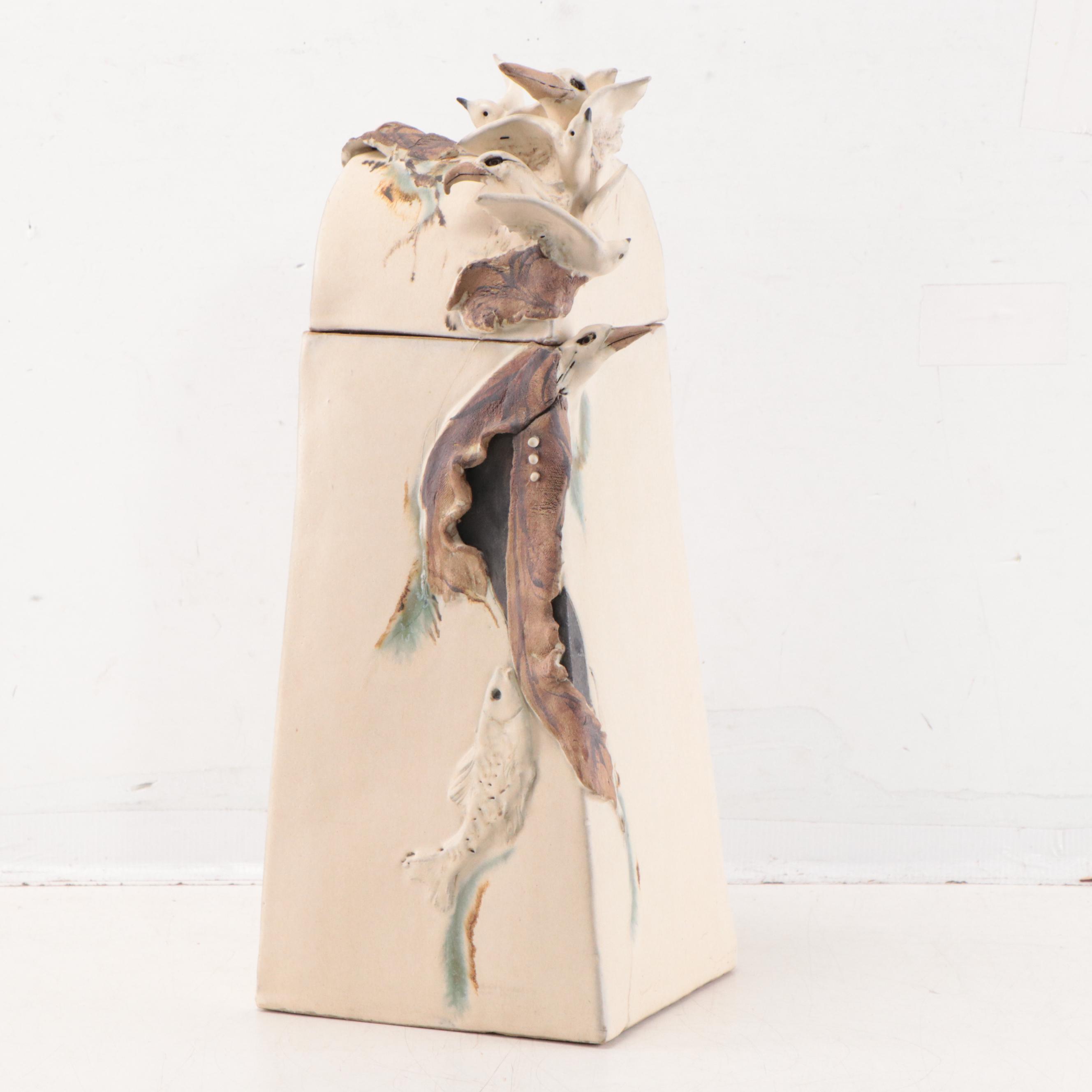 Mary Ann Wurst Art Pottery Hinged Vessel With Seagull Motif, 1995