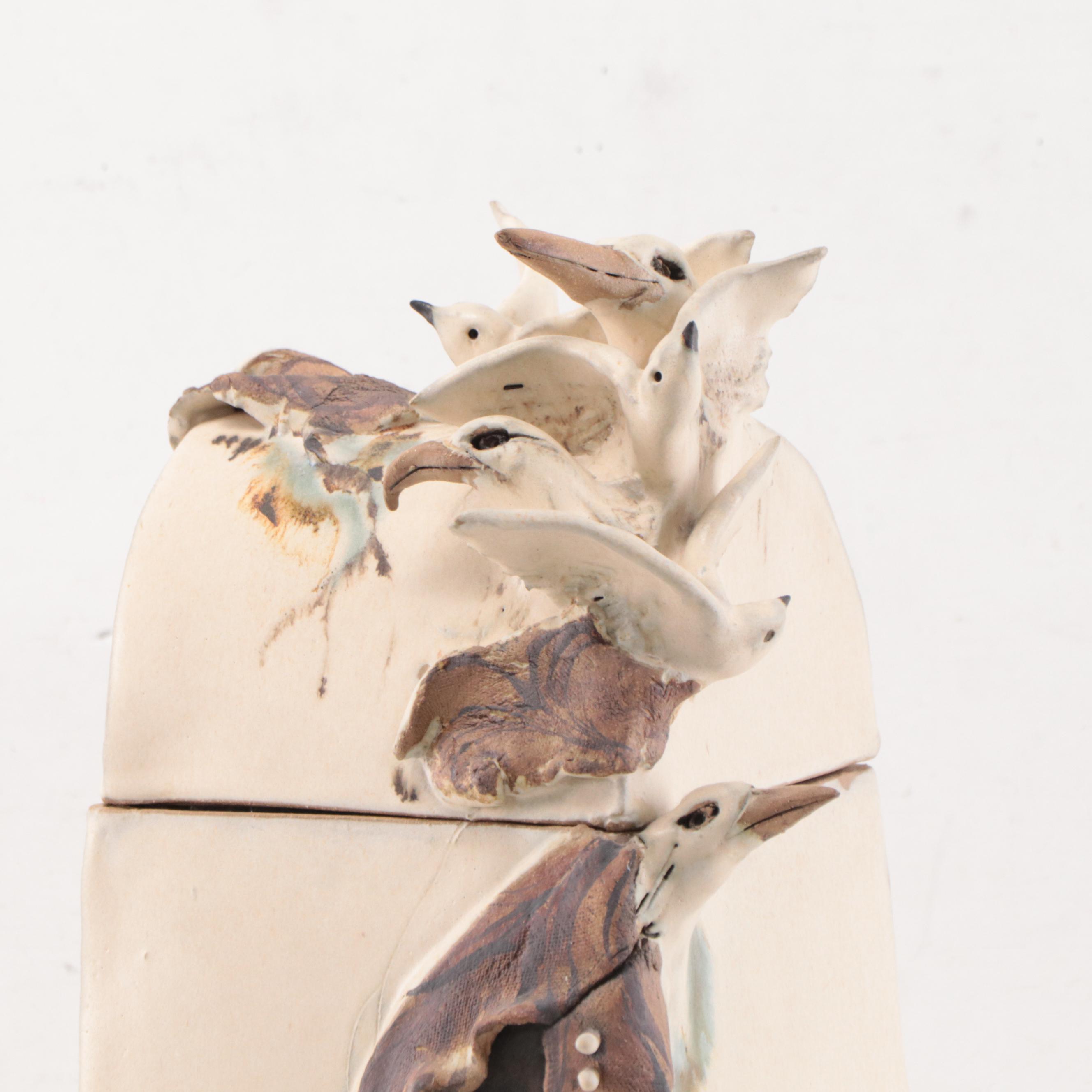 Mary Ann Wurst Art Pottery Hinged Vessel With Seagull Motif, 1995