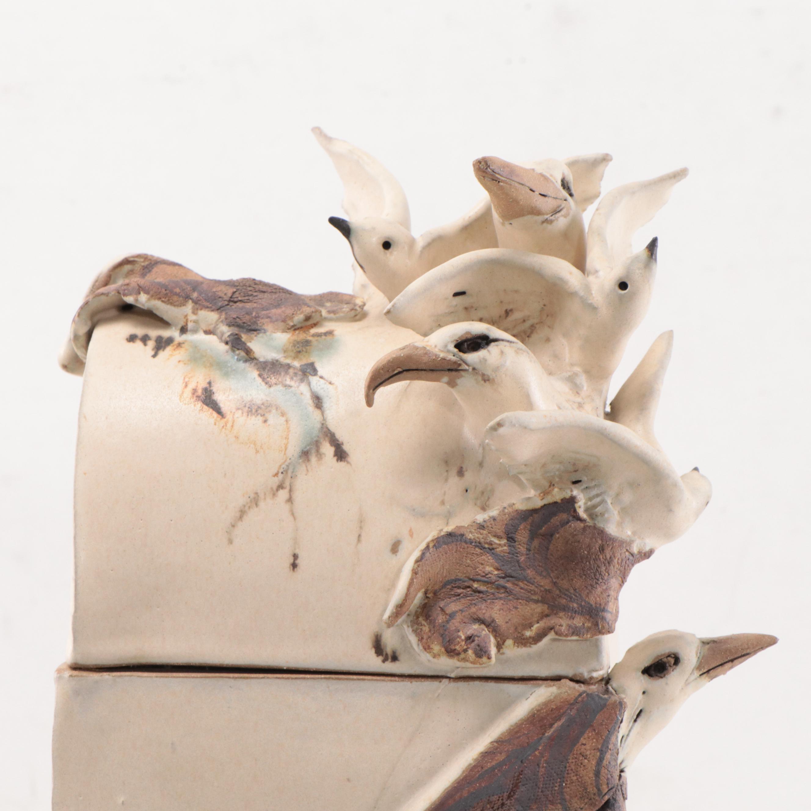 Mary Ann Wurst Art Pottery Hinged Vessel With Seagull Motif, 1995