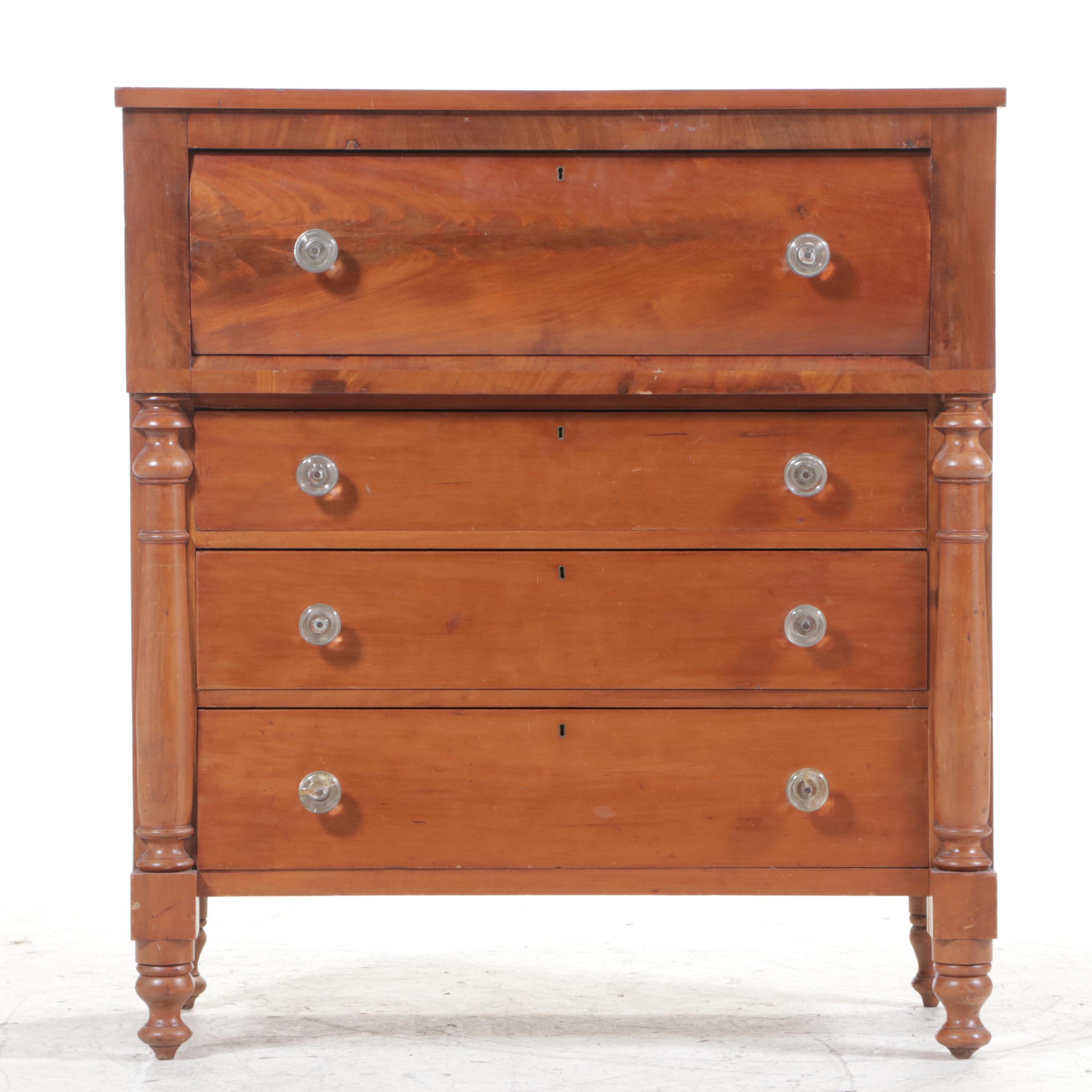 American Empire Cherrywood & Flame Mahogany Four-Drawer Chest, Mid-19th Century