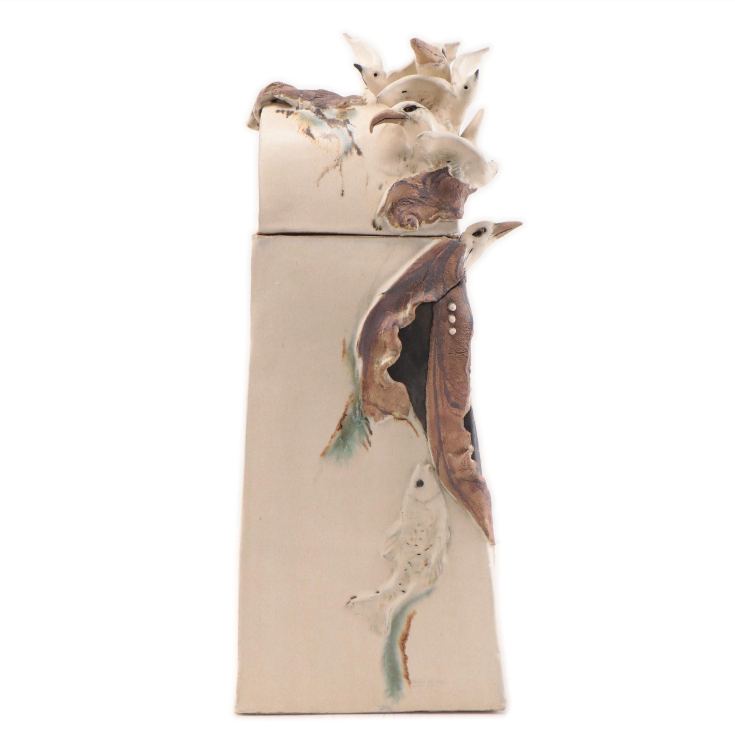 Mary Ann Wurst Art Pottery Hinged Vessel With Seagull Motif, 1995