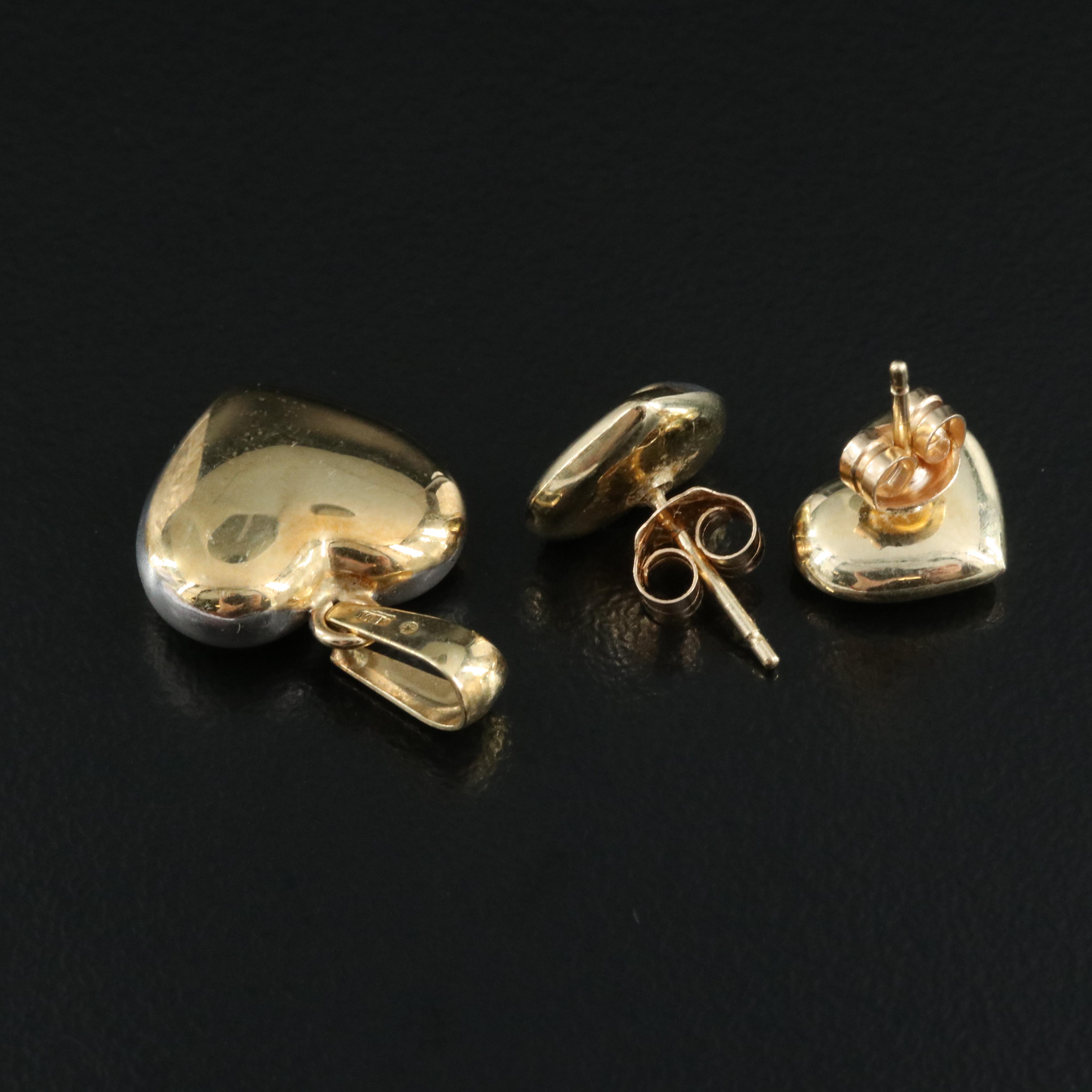 14K Two Tone Heart Pendant and Stud Earring Set