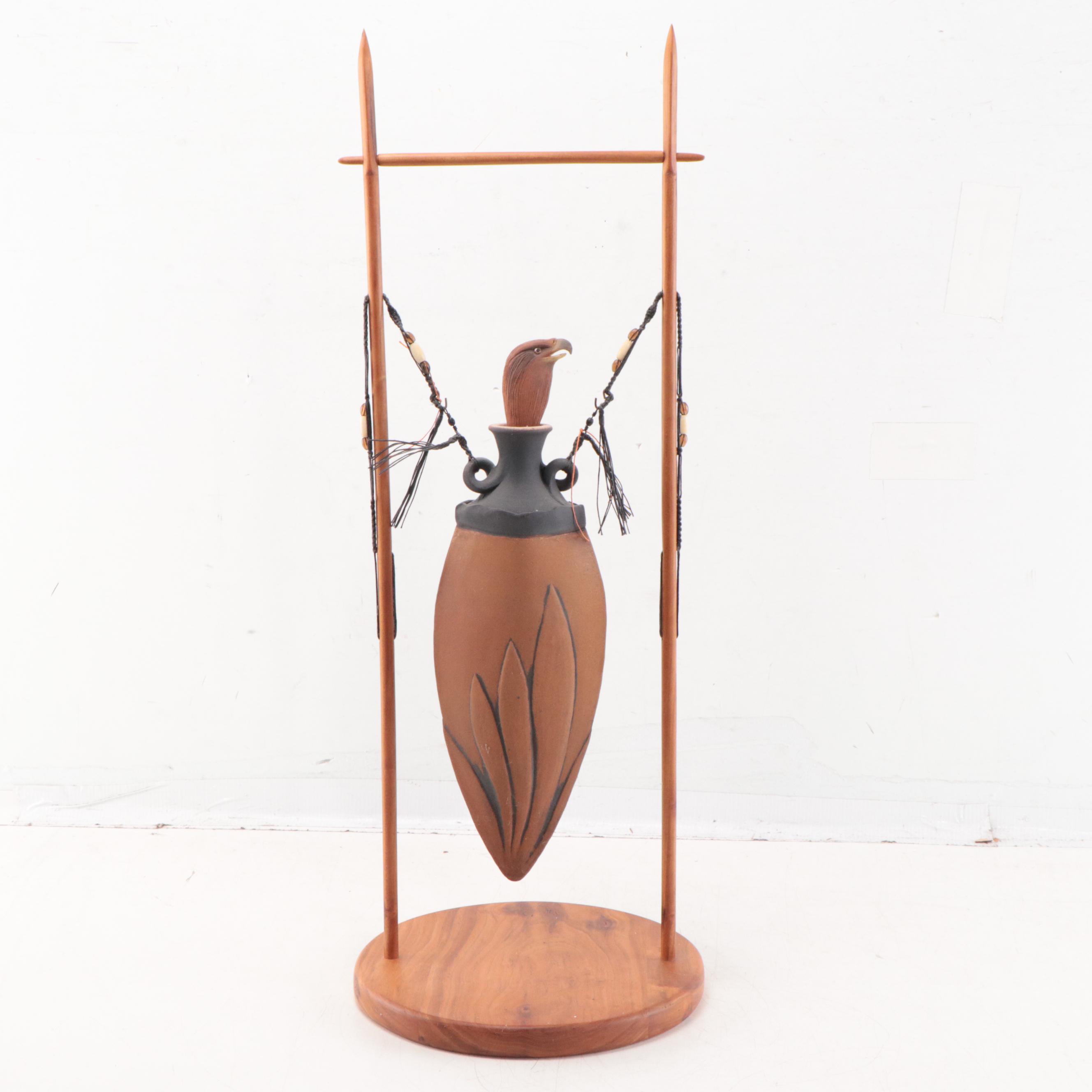 Ken and Pat Larson Ceramic Vessel on Wood Stand, 1996