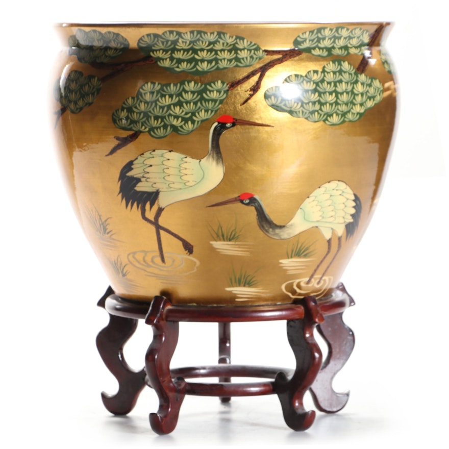 Gilt Lacquered Crane Motif Porcelain Fishbowl Planter and Stand