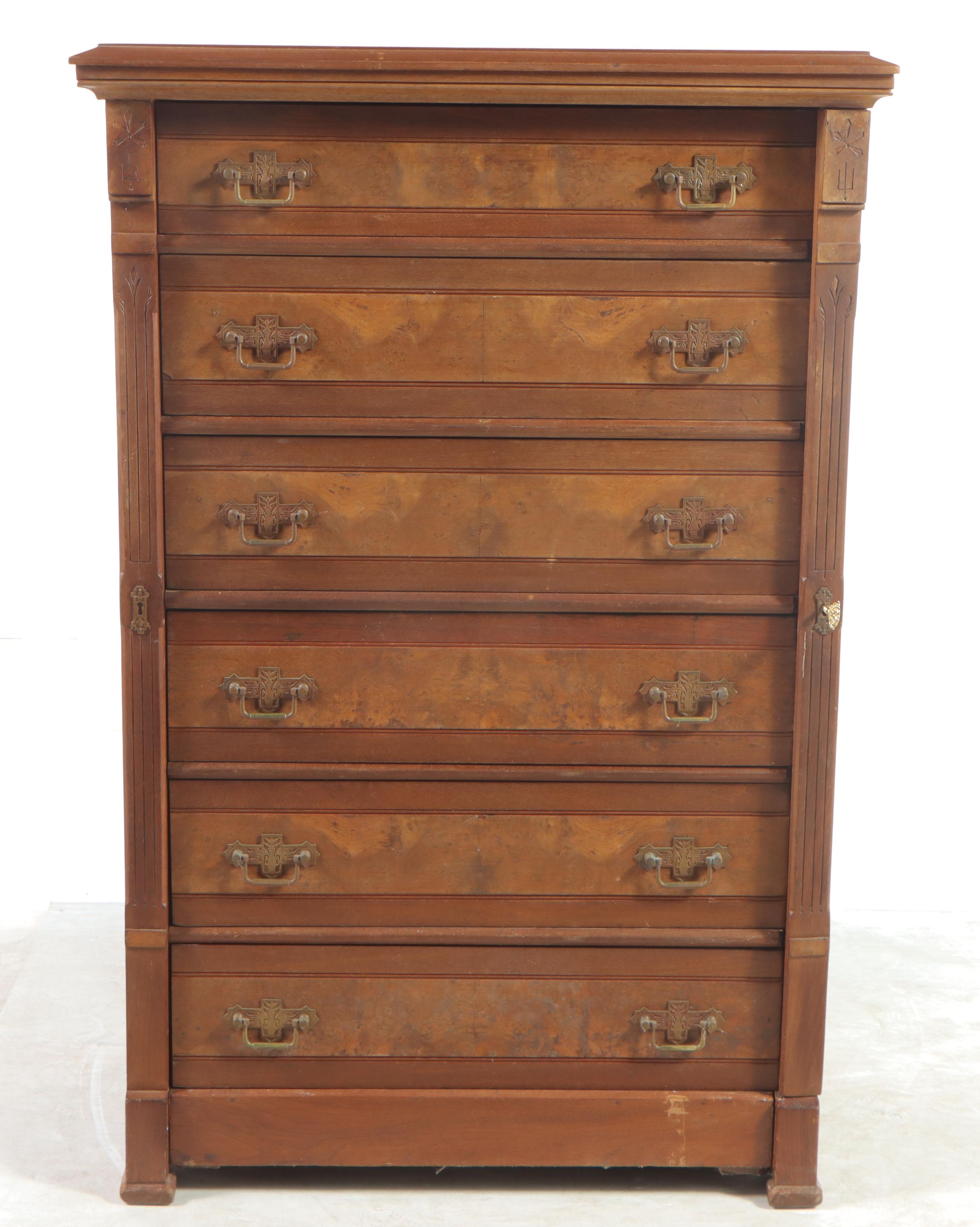 Victorian Walnut and Burl Walnut Six-Drawer Side-Lock Chest, Late 19th Century