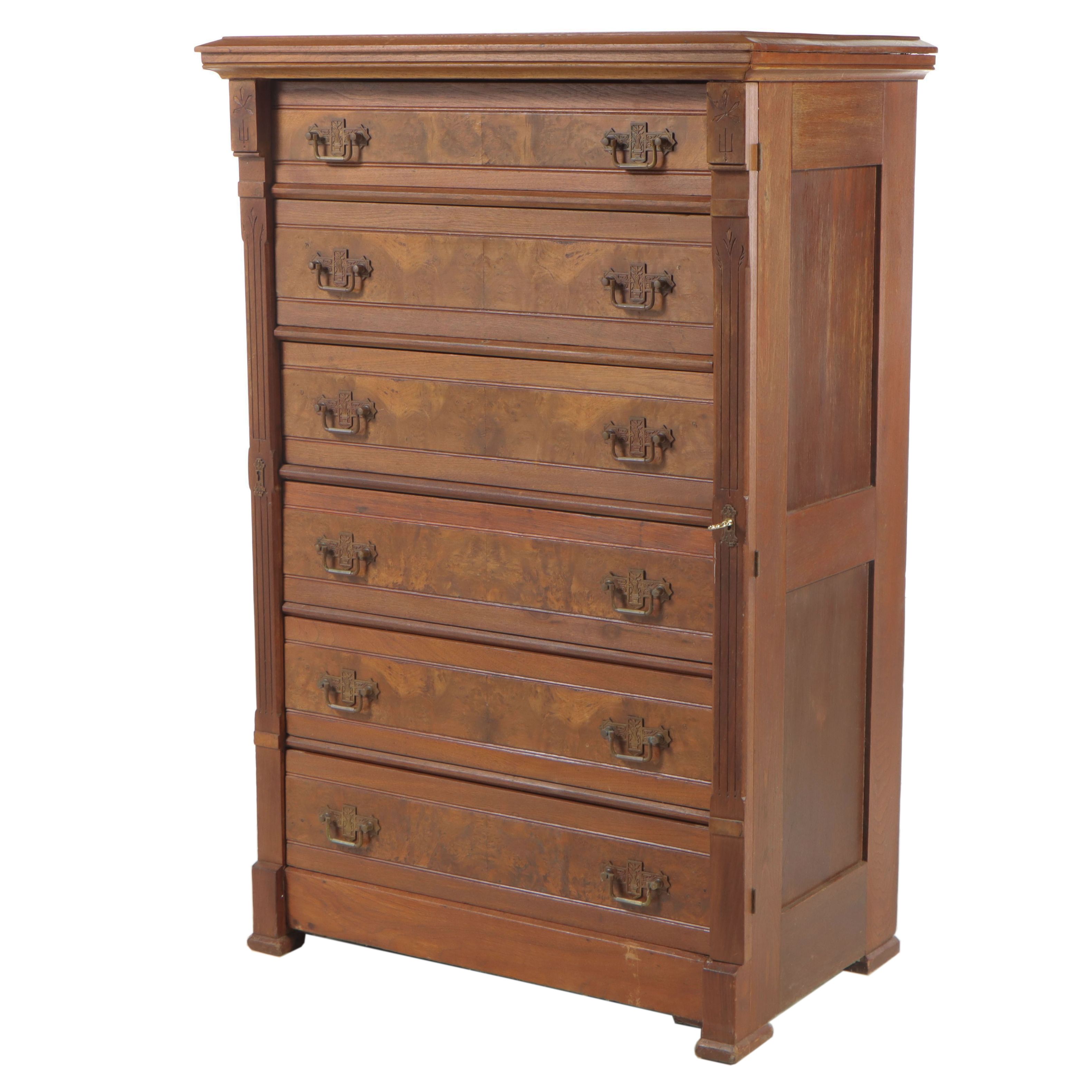 Victorian Walnut and Burl Walnut Six-Drawer Side-Lock Chest, Late 19th Century