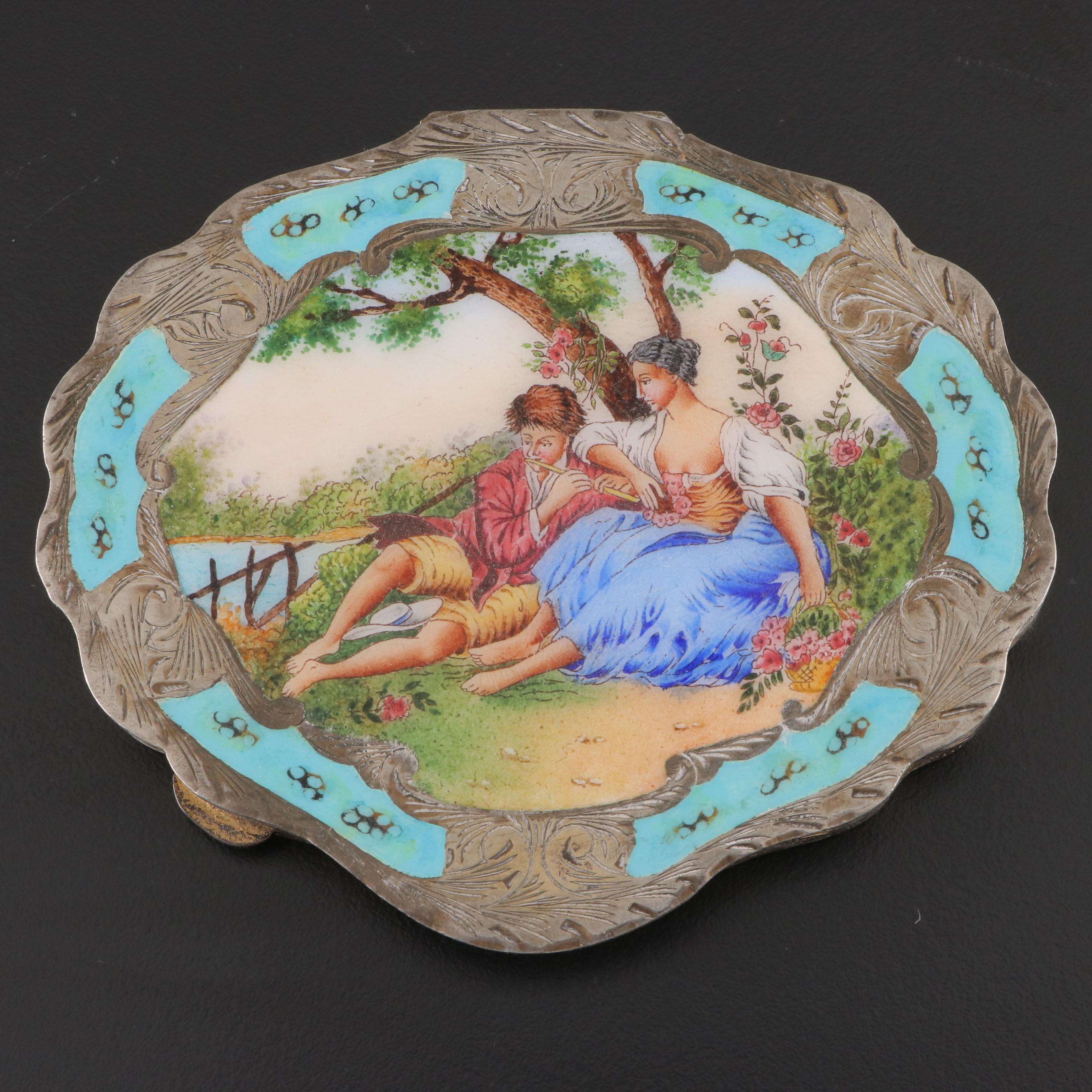 Italian Baroque Style Hand Decorated Enamel and 800 Silver Mirrored Compact