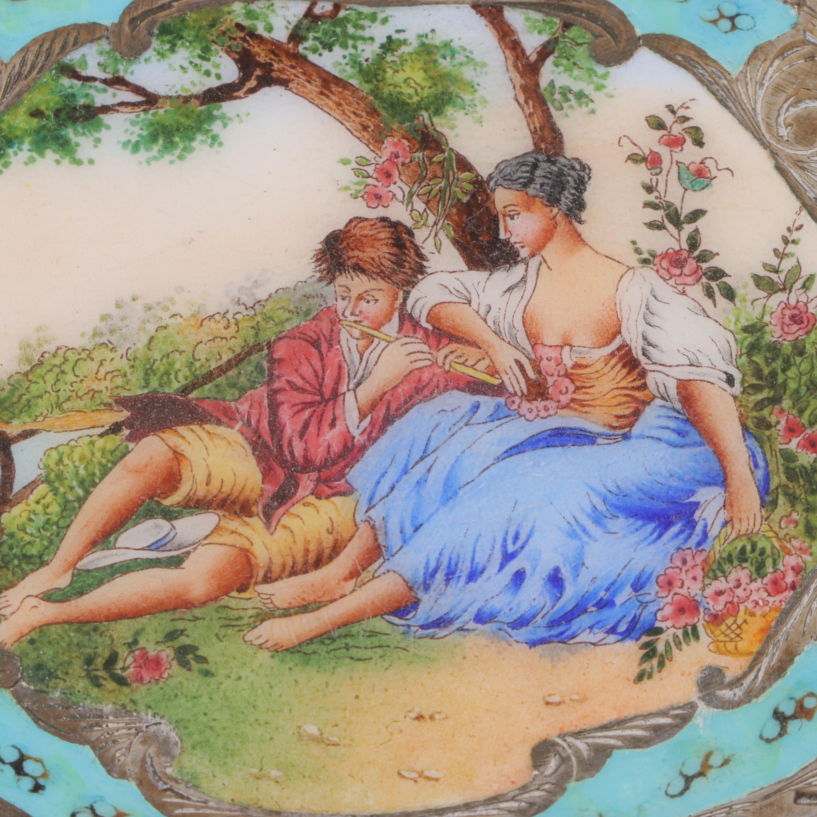 Italian Baroque Style Hand Decorated Enamel and 800 Silver Mirrored Compact