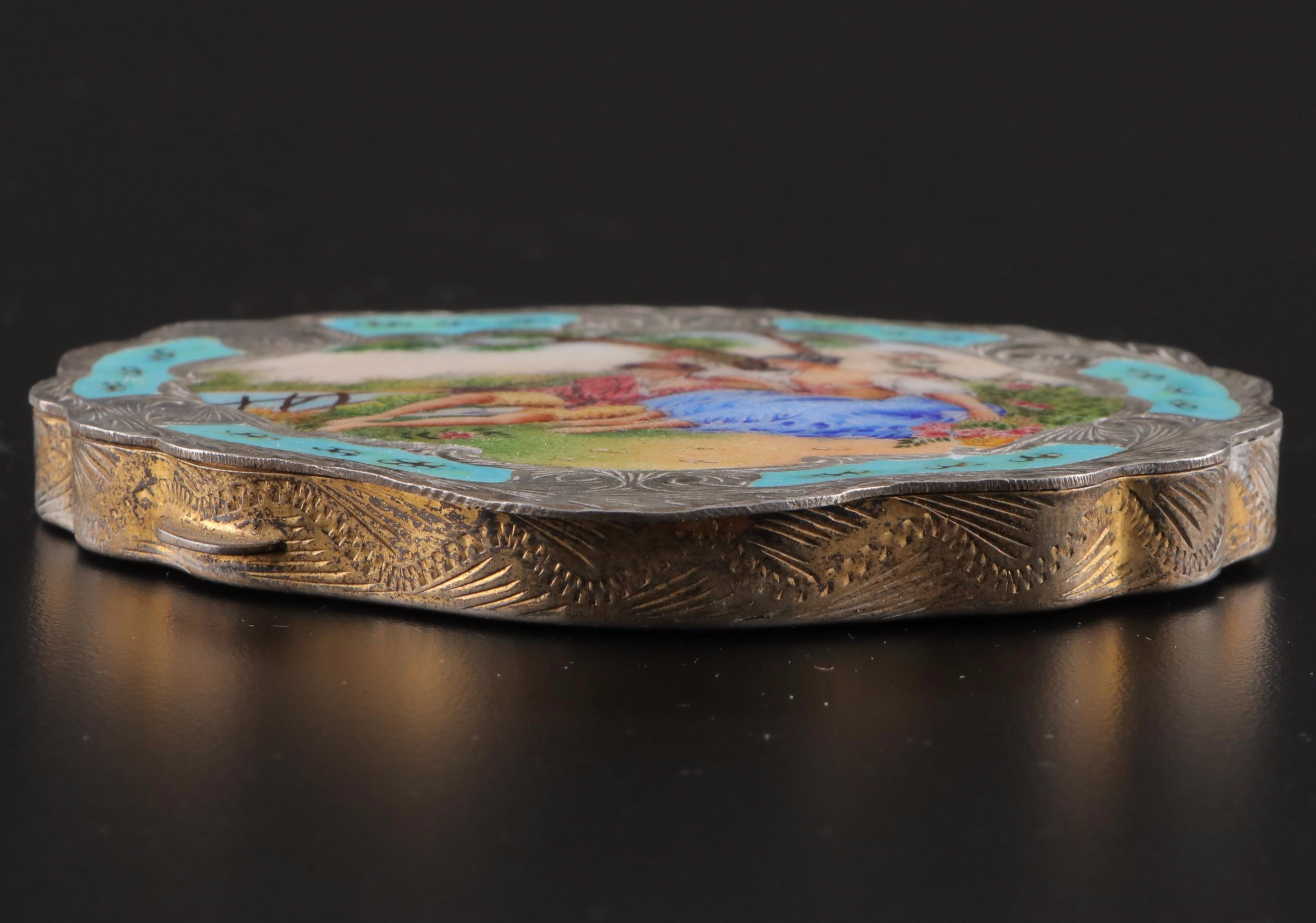 Italian Baroque Style Hand Decorated Enamel and 800 Silver Mirrored Compact