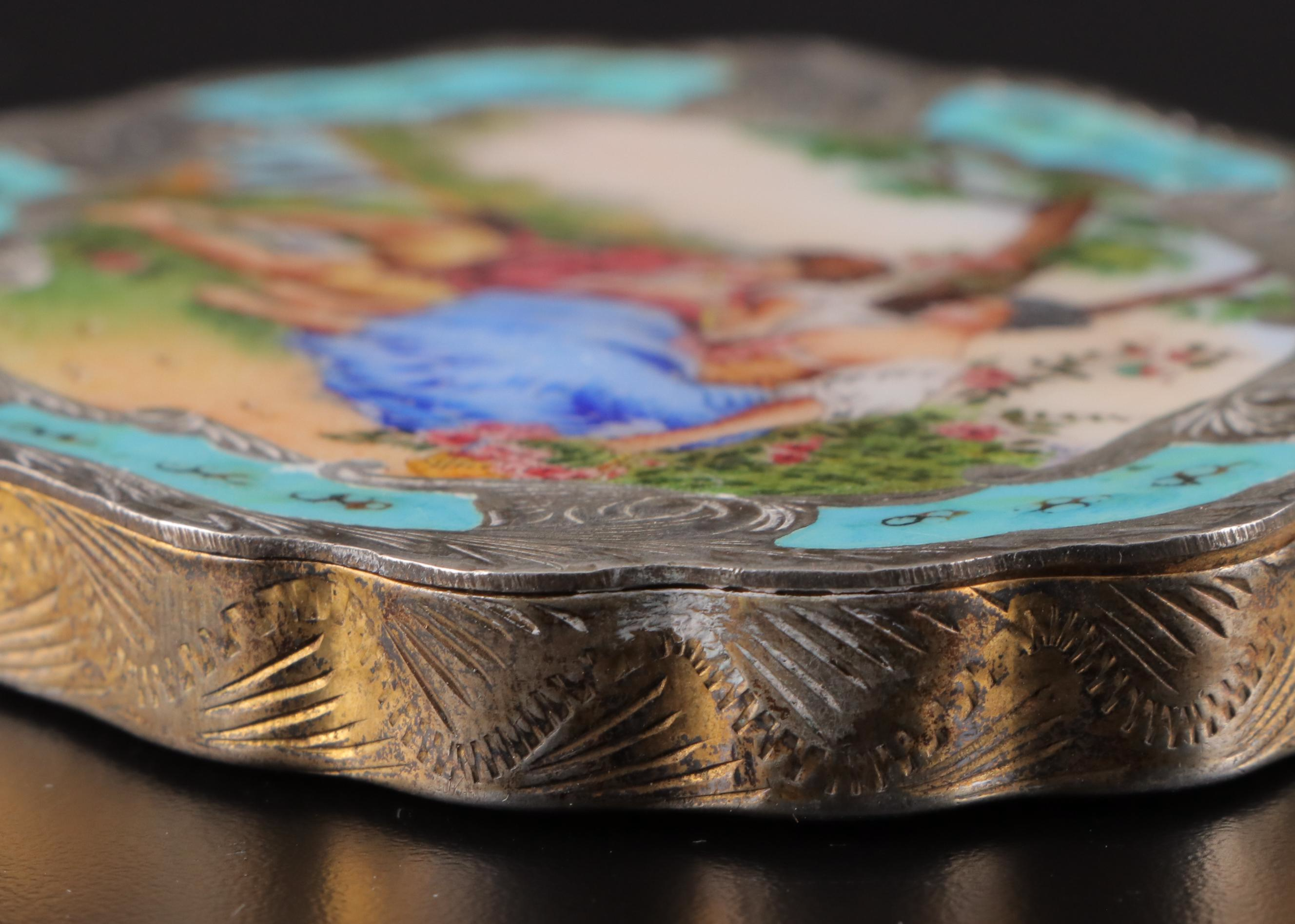 Italian Baroque Style Hand Decorated Enamel and 800 Silver Mirrored Compact