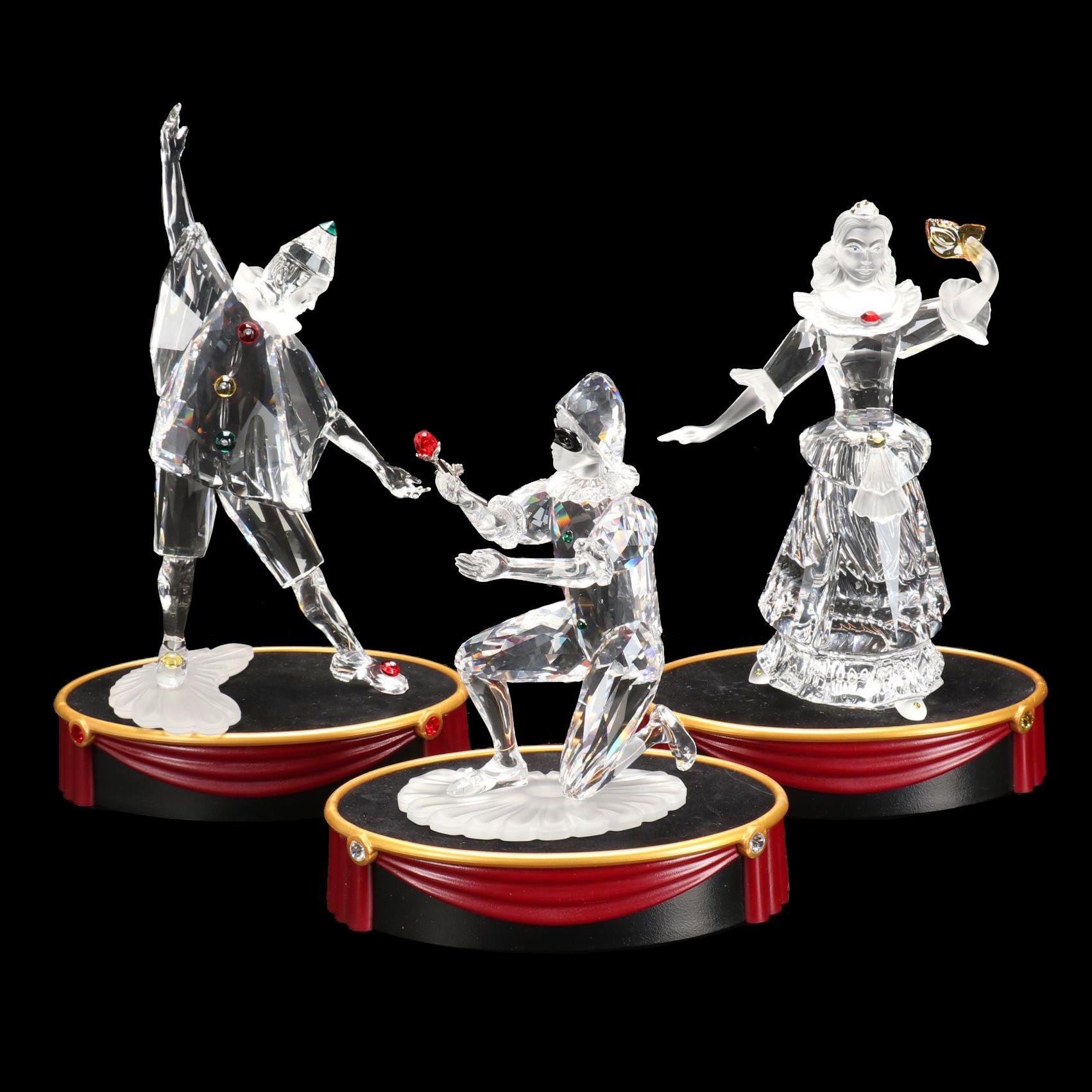 Swarovski Masquerade "Pierrot," "Columbine," and "Harlequin" Crystal Figurines