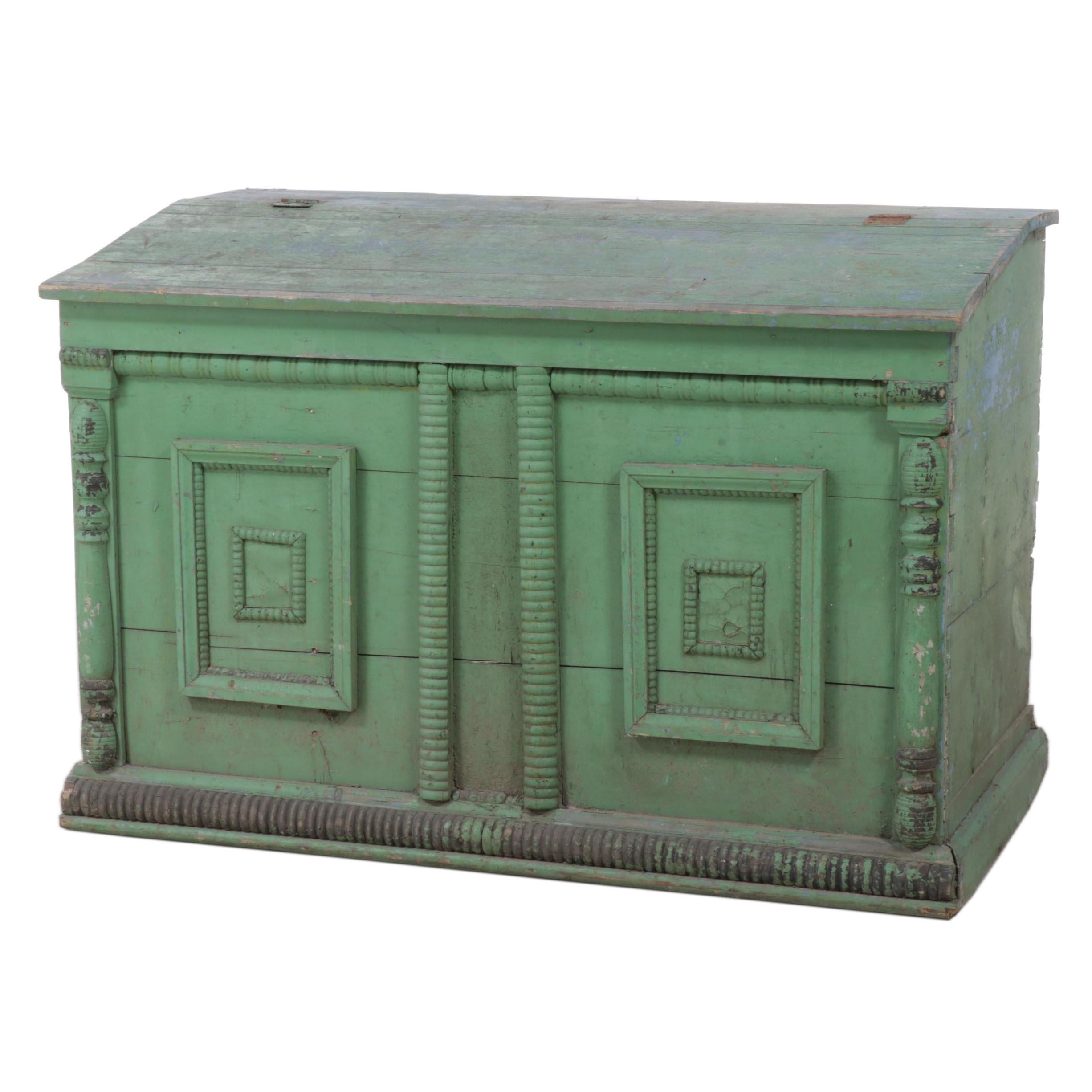 Northern European Large Green-Painted Pine Blanket Chest, 19th Century