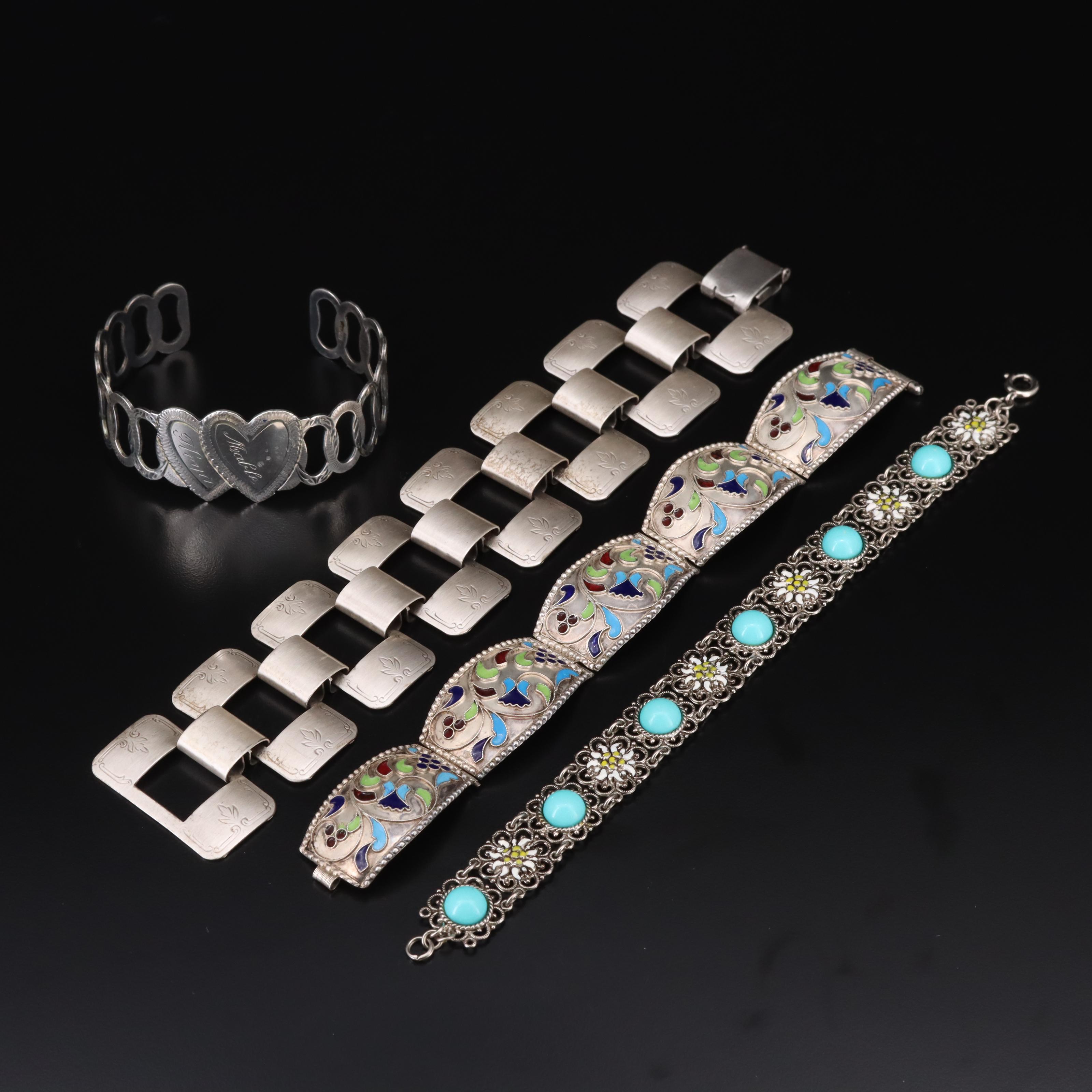 Cloisonné Panel Bracelet and Antique Double Heart Cuff Featured in Bracelets