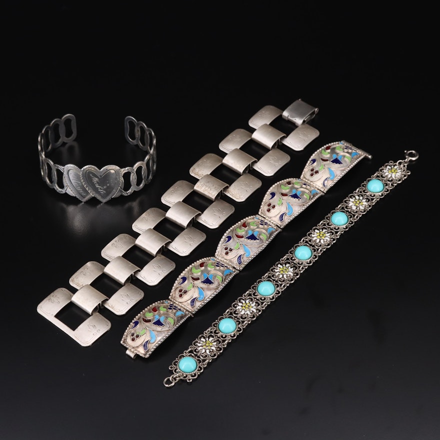 Cloisonné Panel Bracelet and Antique Double Heart Cuff Featured in Bracelets