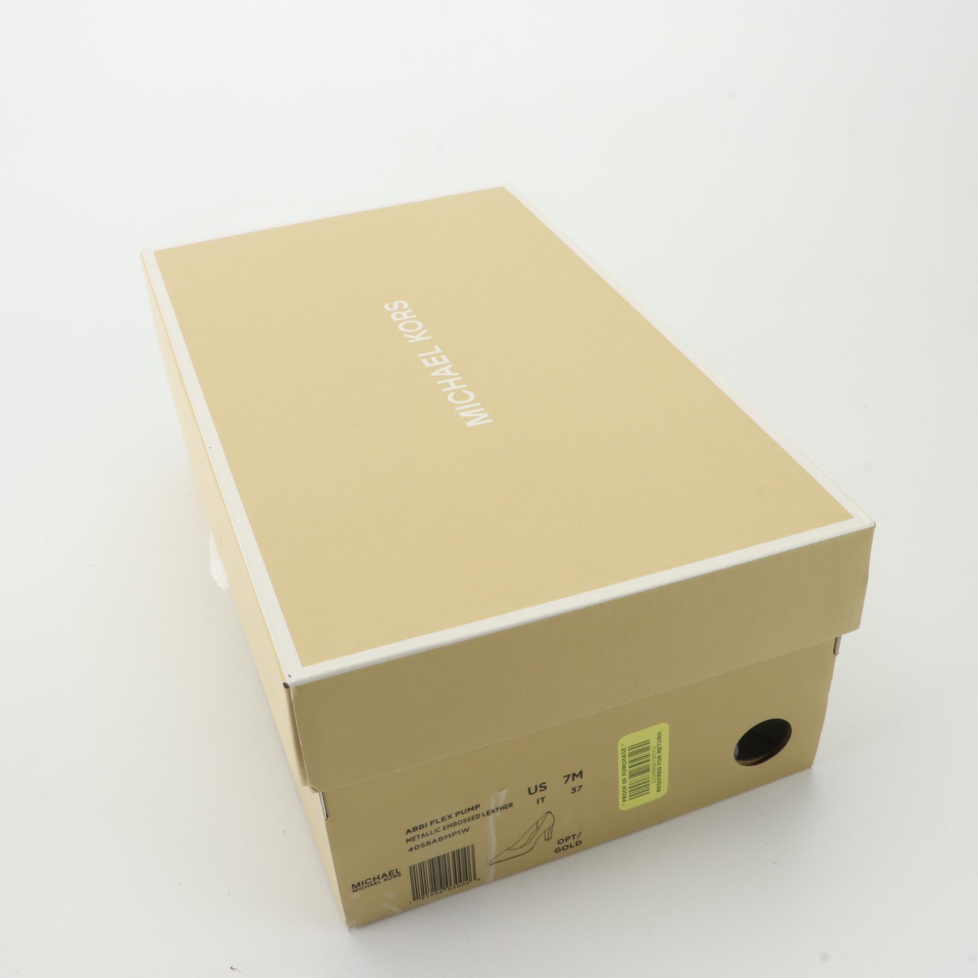 MICHAEL Michael Kors Abbi Flex Pump Heels in Metallic Embossed Leather with Box