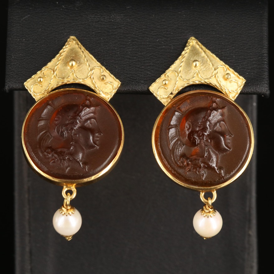 Italian 18K Glass Cameo and Pearl Earrings