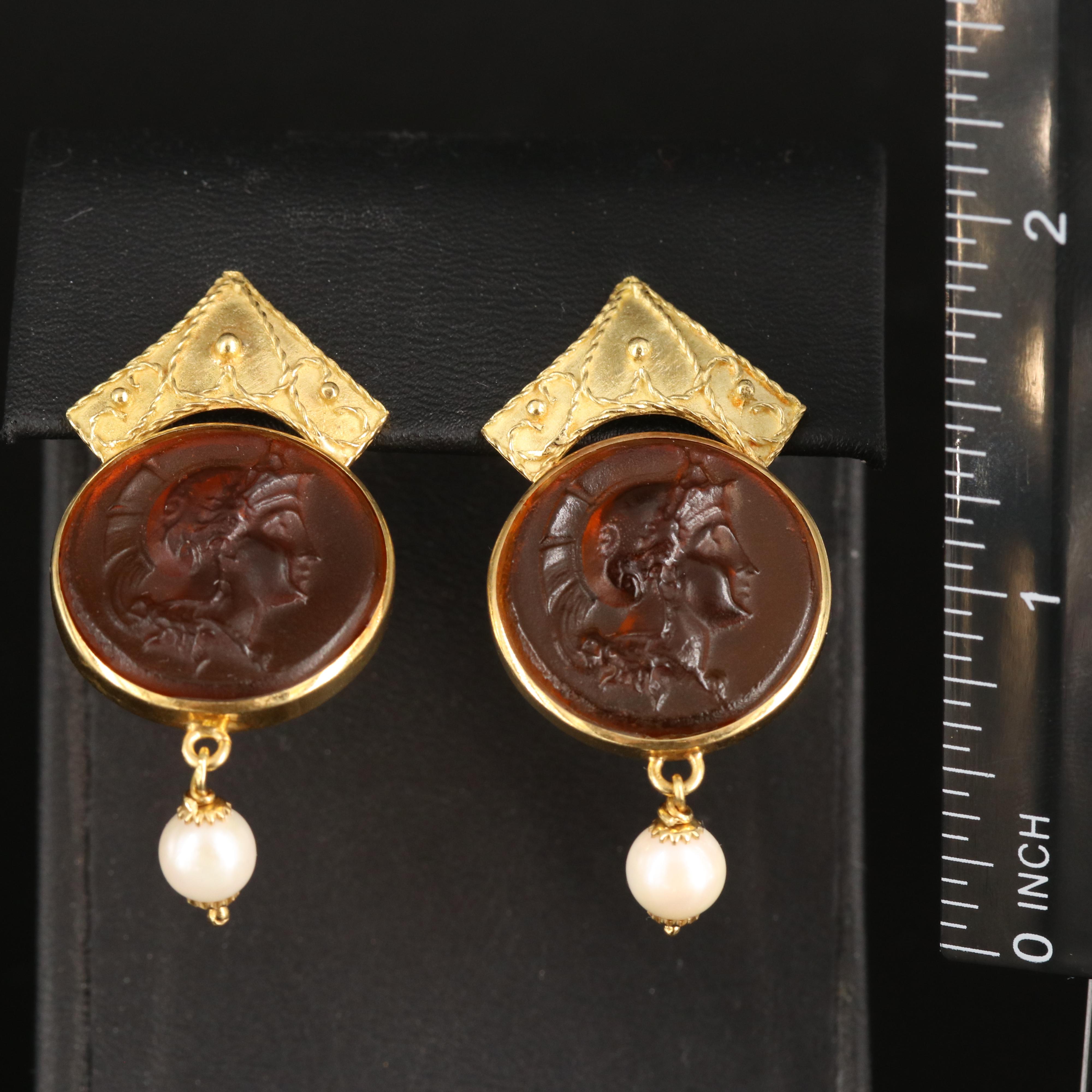 Italian 18K Glass Cameo and Pearl Earrings