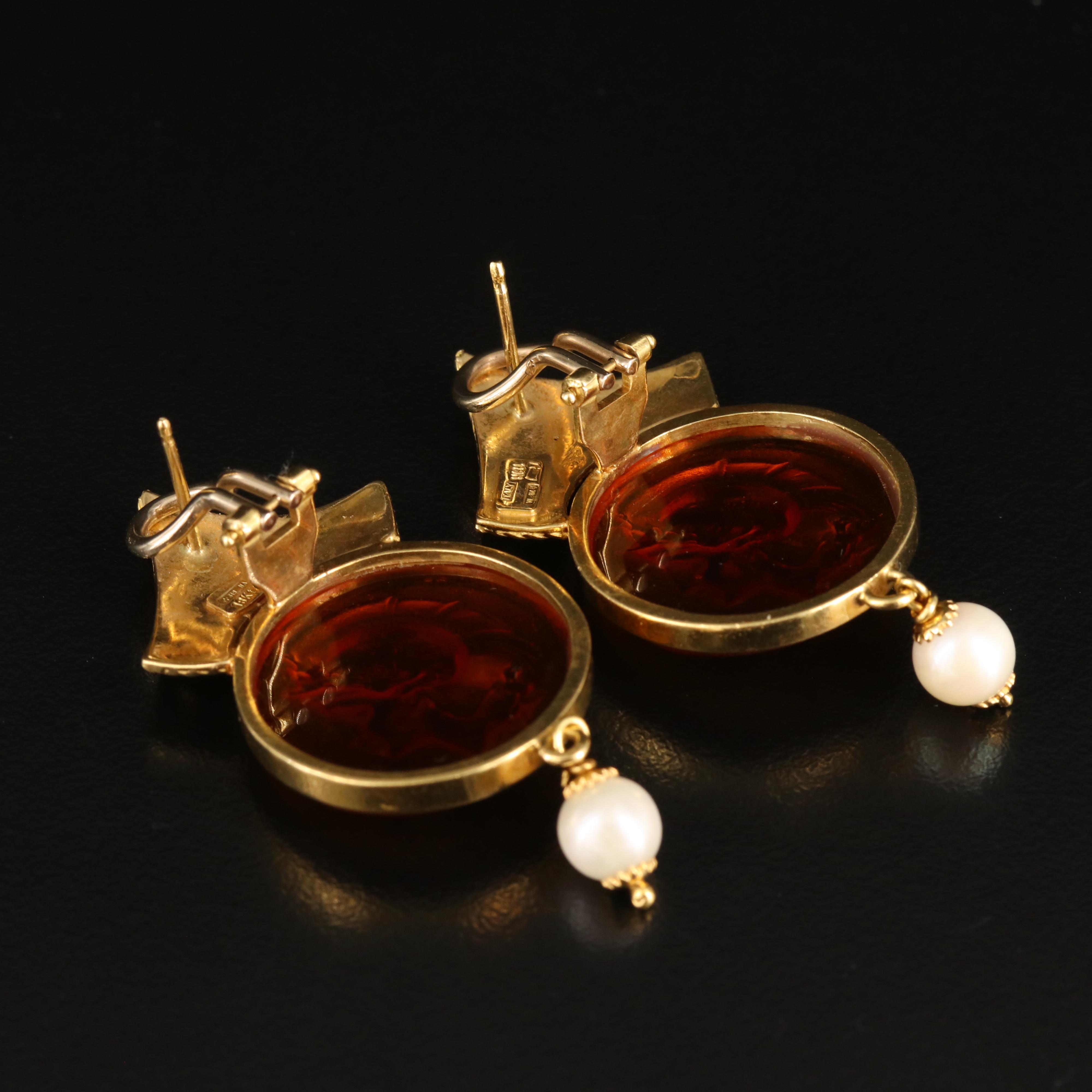 Italian 18K Glass Cameo and Pearl Earrings