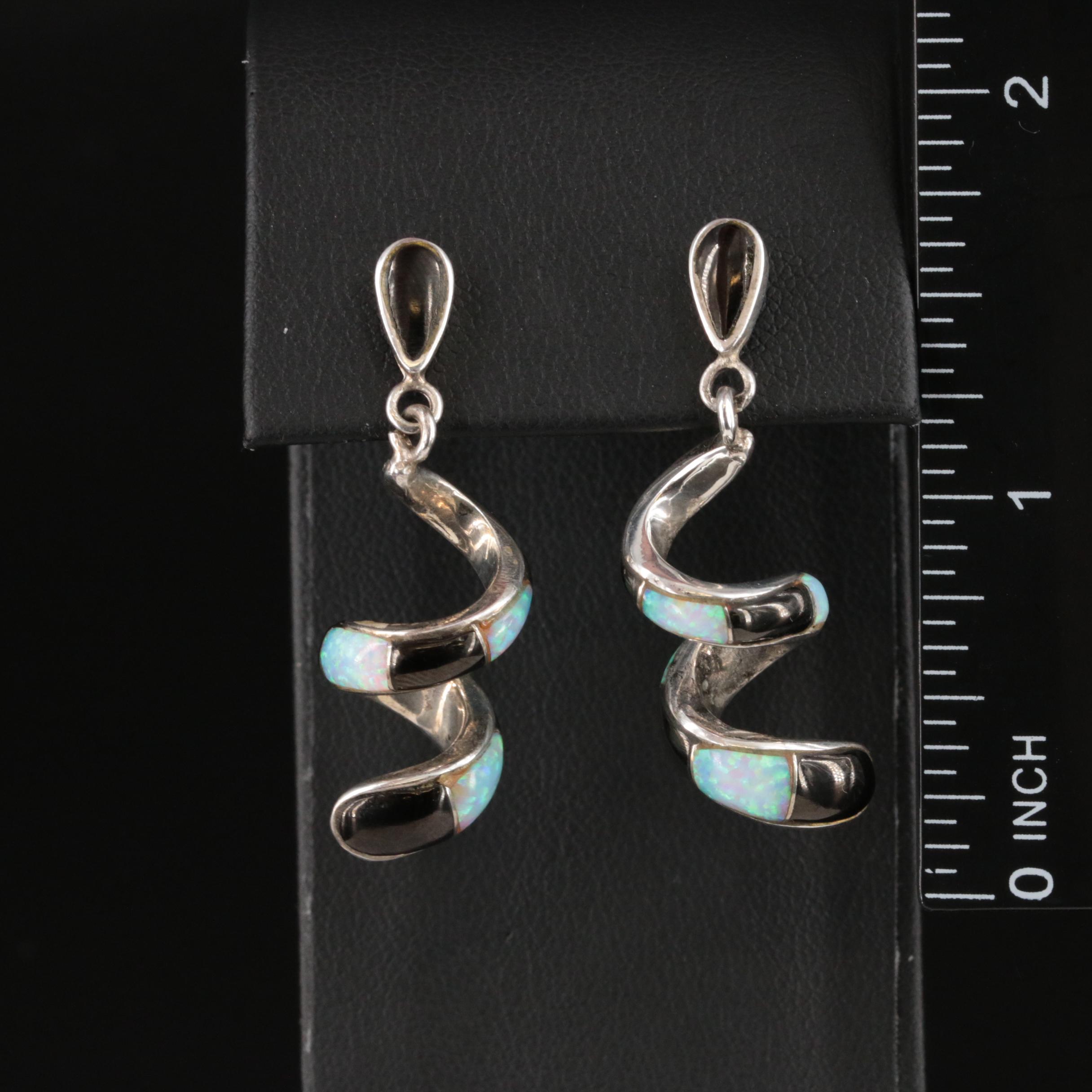 Southwestern Sterling Spiral Opal Inlay Earrings