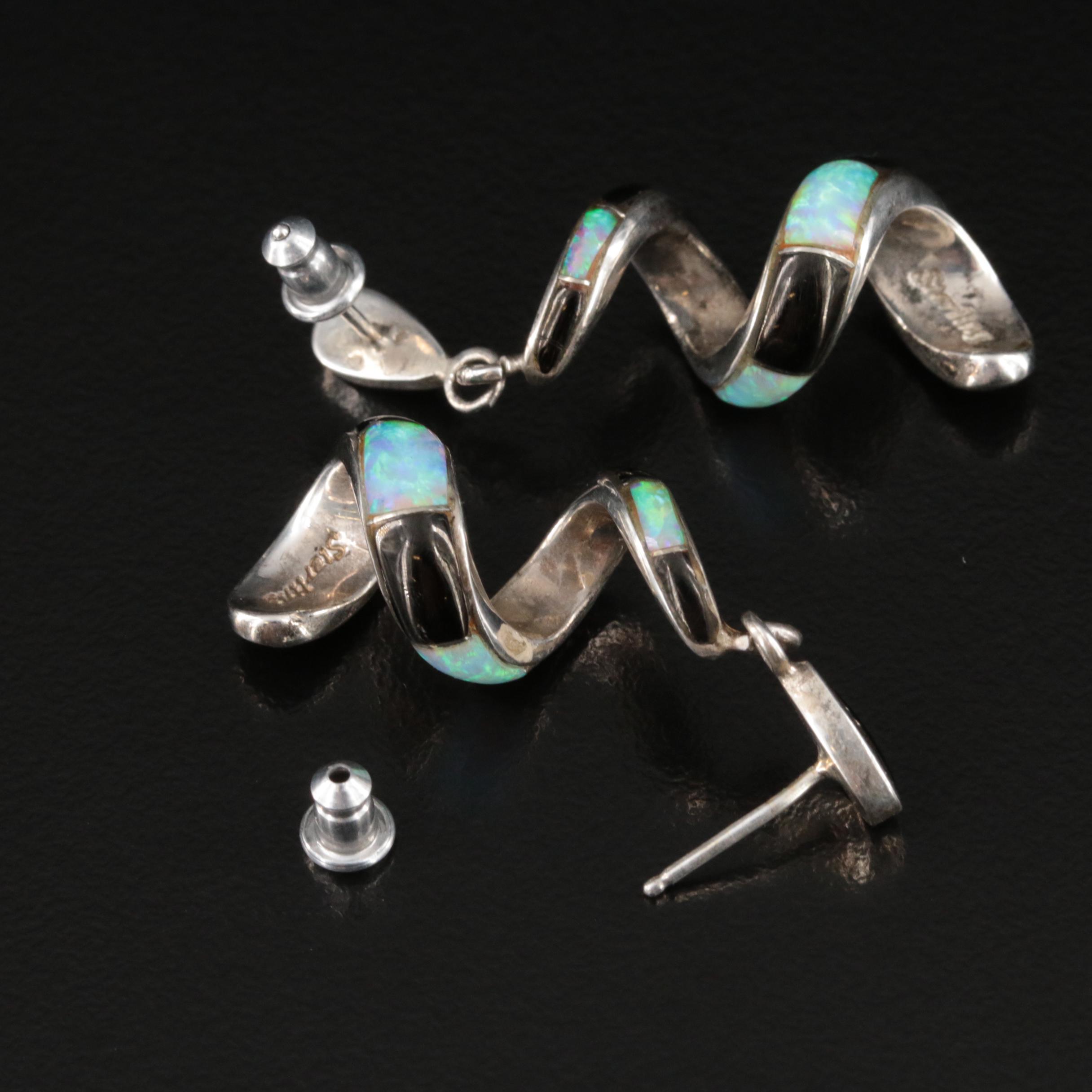 Southwestern Sterling Spiral Opal Inlay Earrings