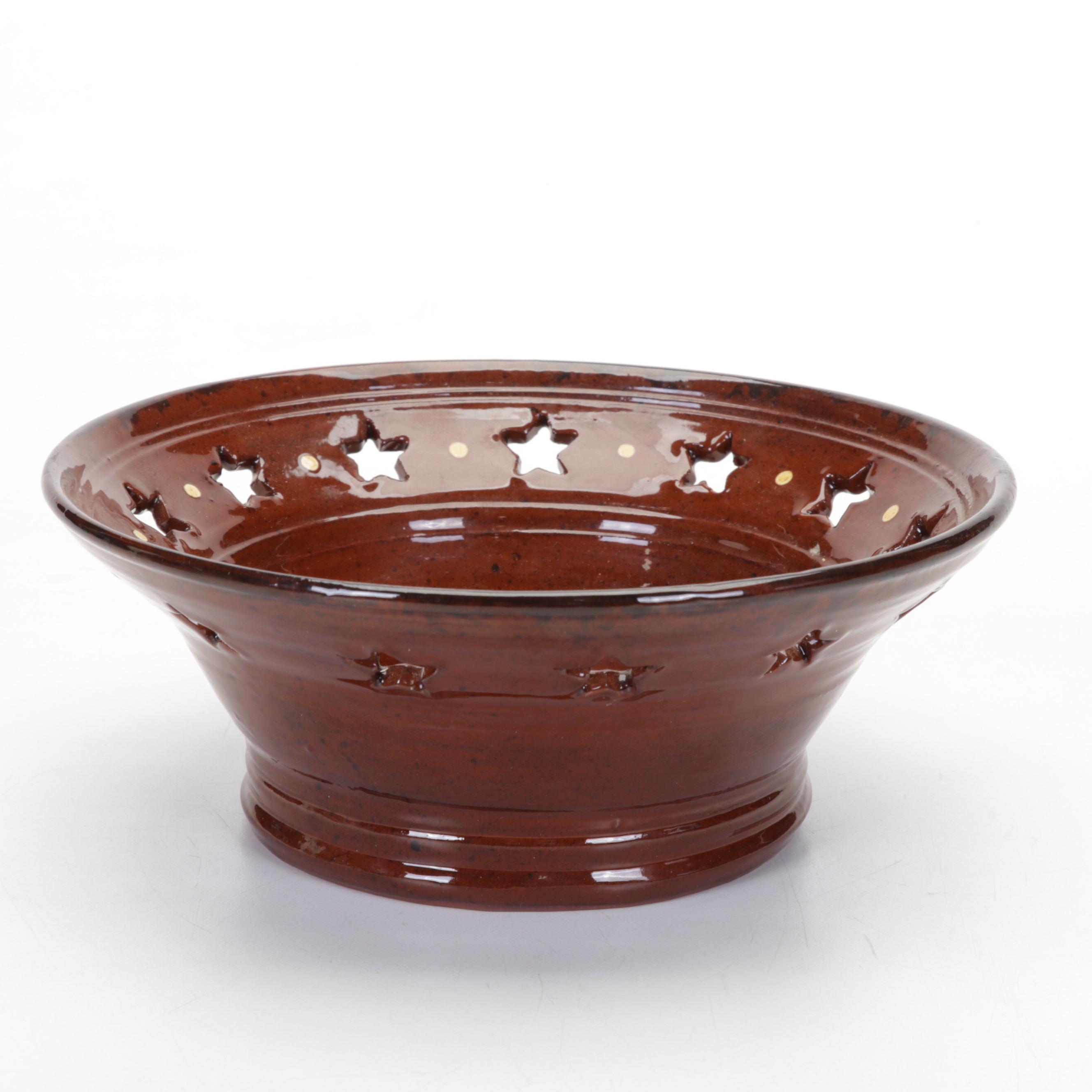 Foltz Pottery Redware Bowl With Lake Waters Pottery Glazed Ceramic Lidded Jar