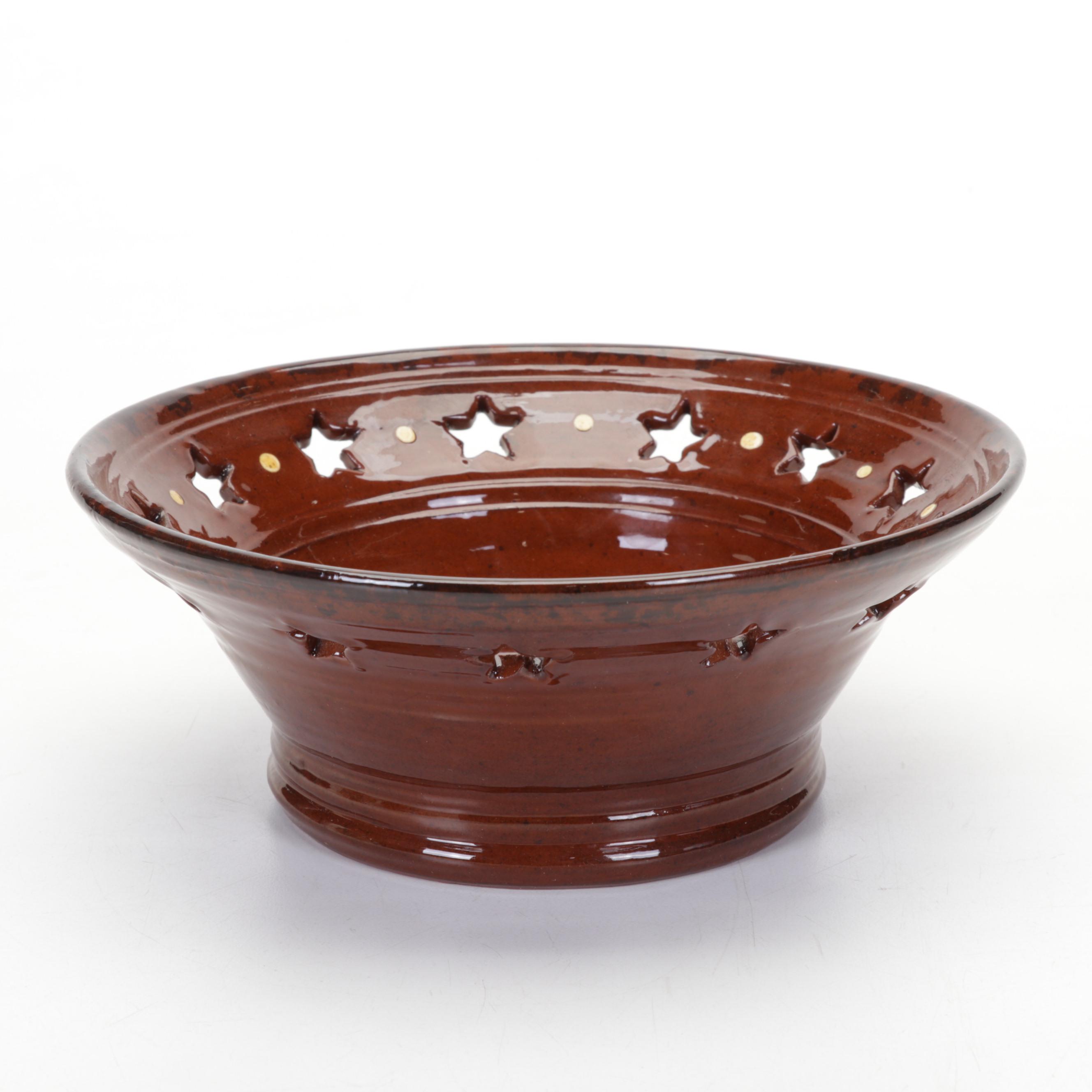 Foltz Pottery Redware Bowl With Lake Waters Pottery Glazed Ceramic Lidded Jar