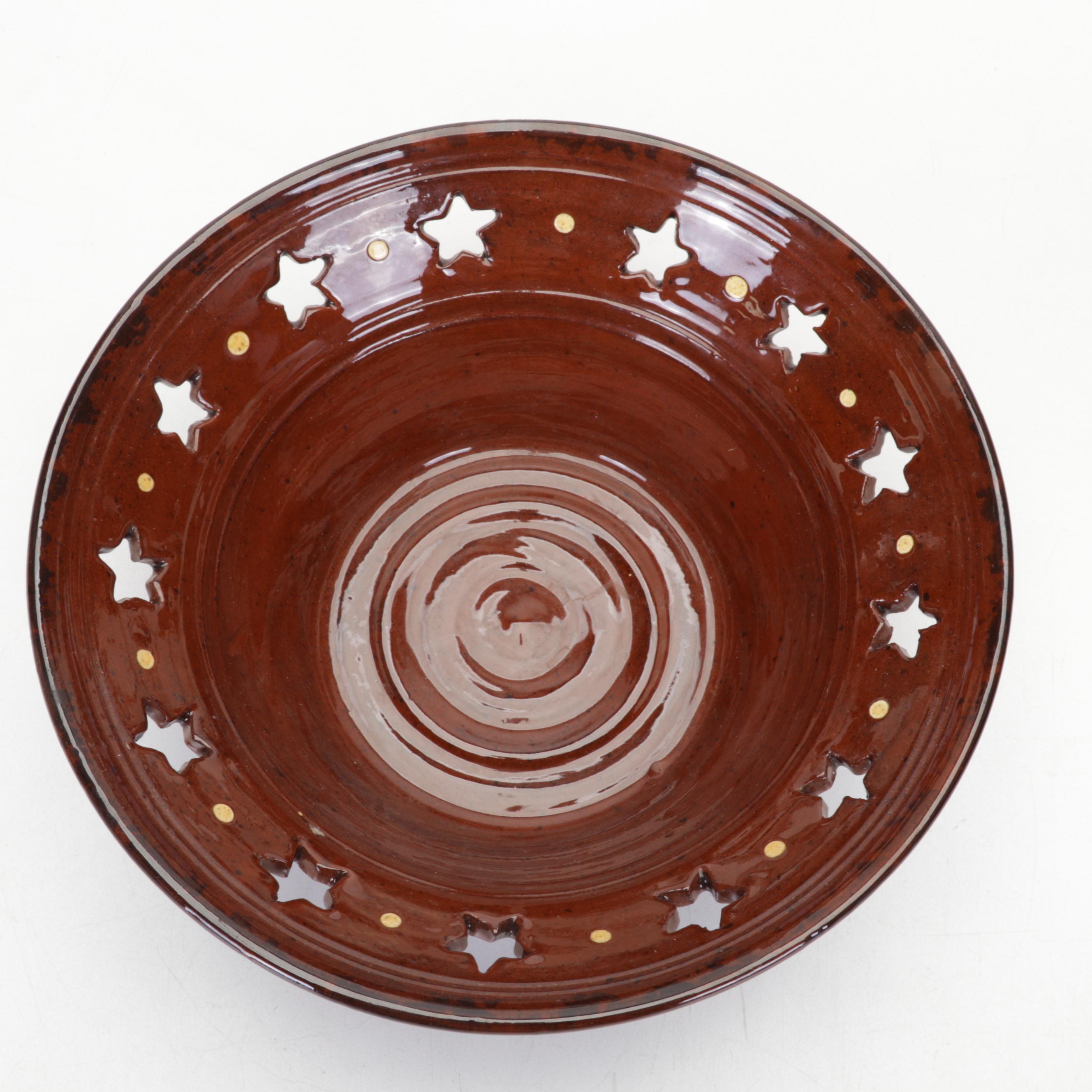 Foltz Pottery Redware Bowl With Lake Waters Pottery Glazed Ceramic Lidded Jar