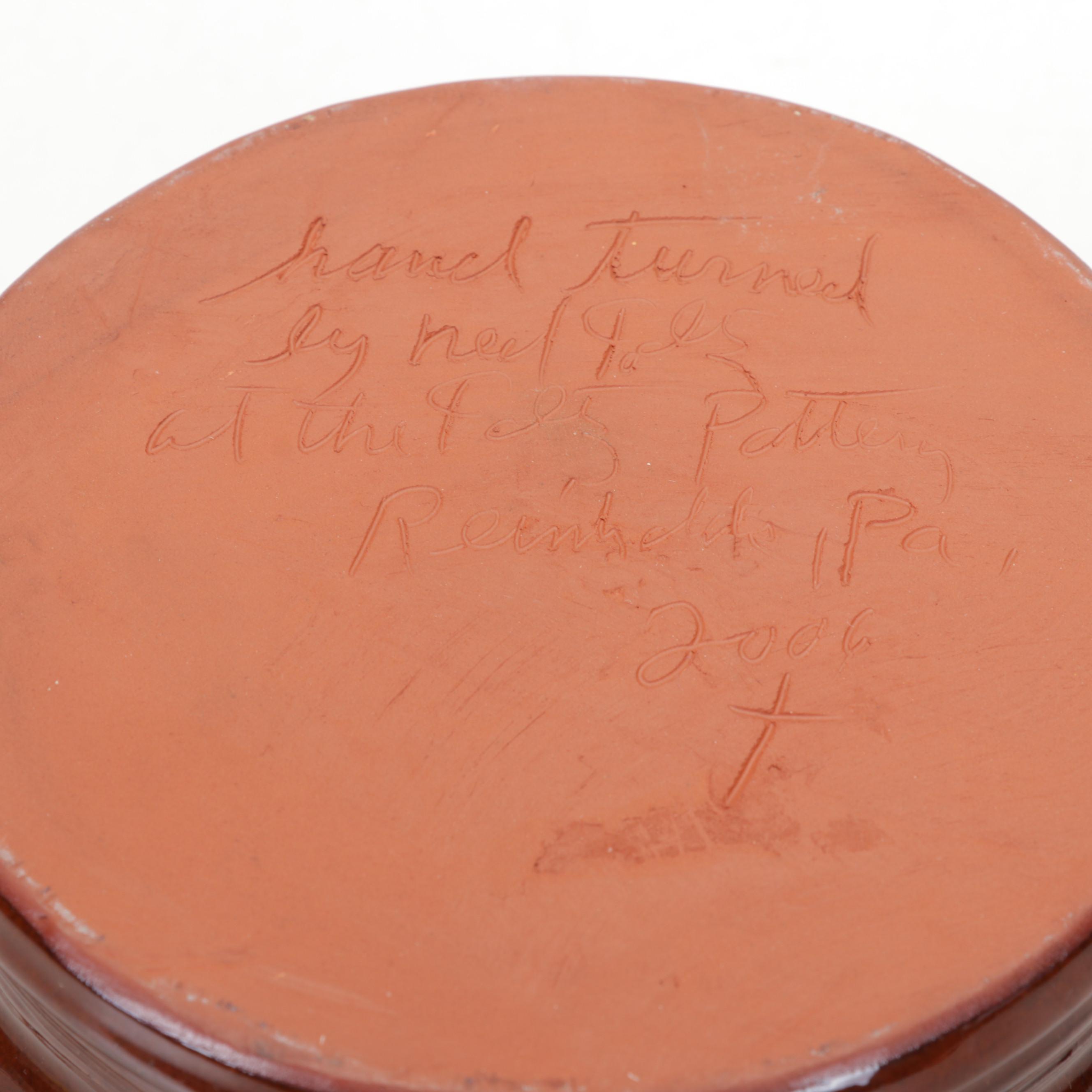 Foltz Pottery Redware Bowl With Lake Waters Pottery Glazed Ceramic Lidded Jar