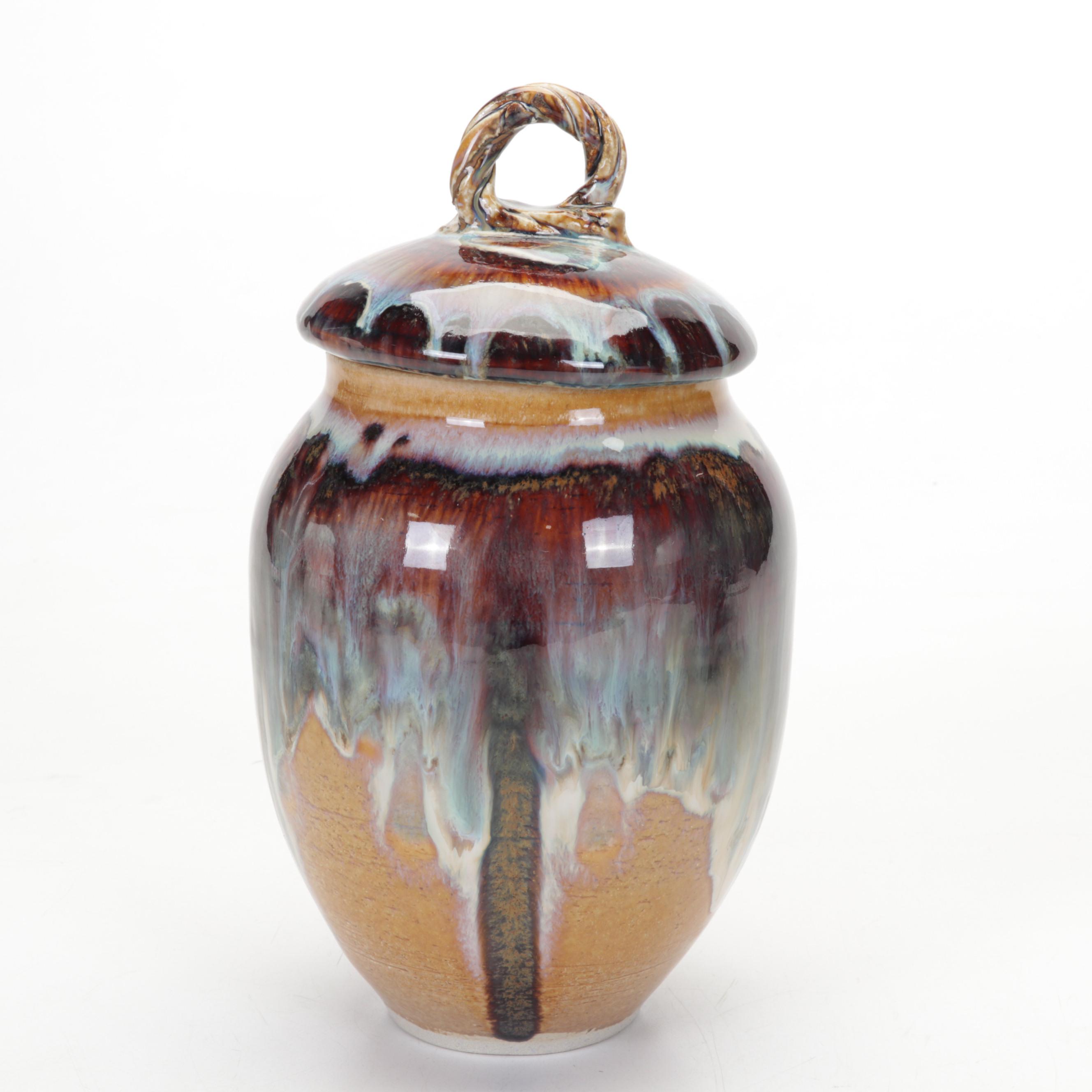 Foltz Pottery Redware Bowl With Lake Waters Pottery Glazed Ceramic Lidded Jar