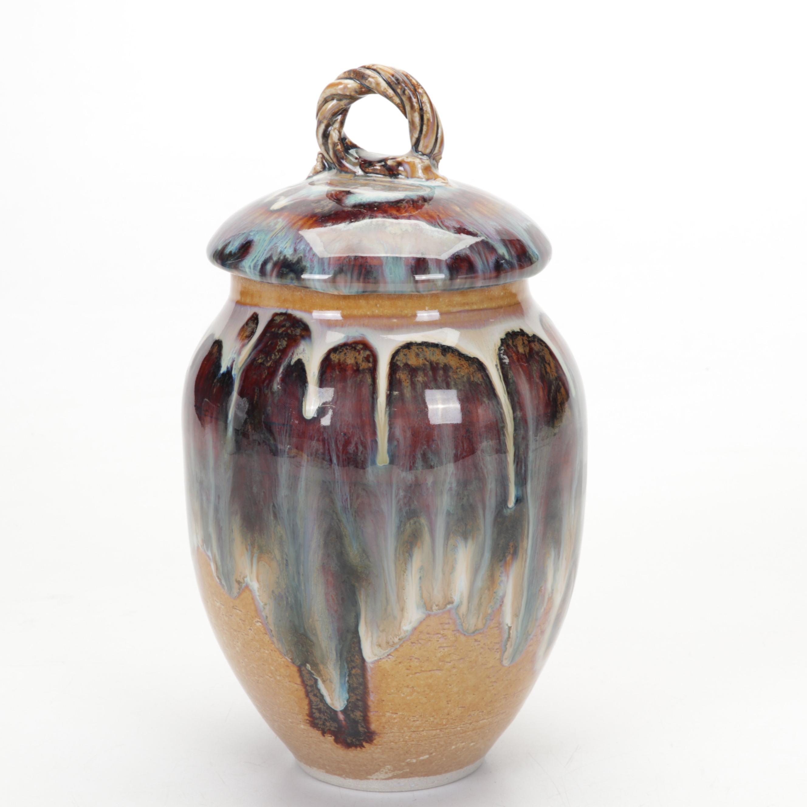 Foltz Pottery Redware Bowl With Lake Waters Pottery Glazed Ceramic Lidded Jar