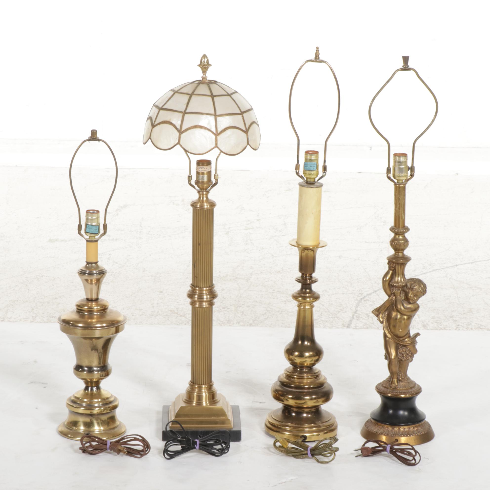Four Brass Table Lamps with One Capiz Shell Shade Featuring Wildwood
