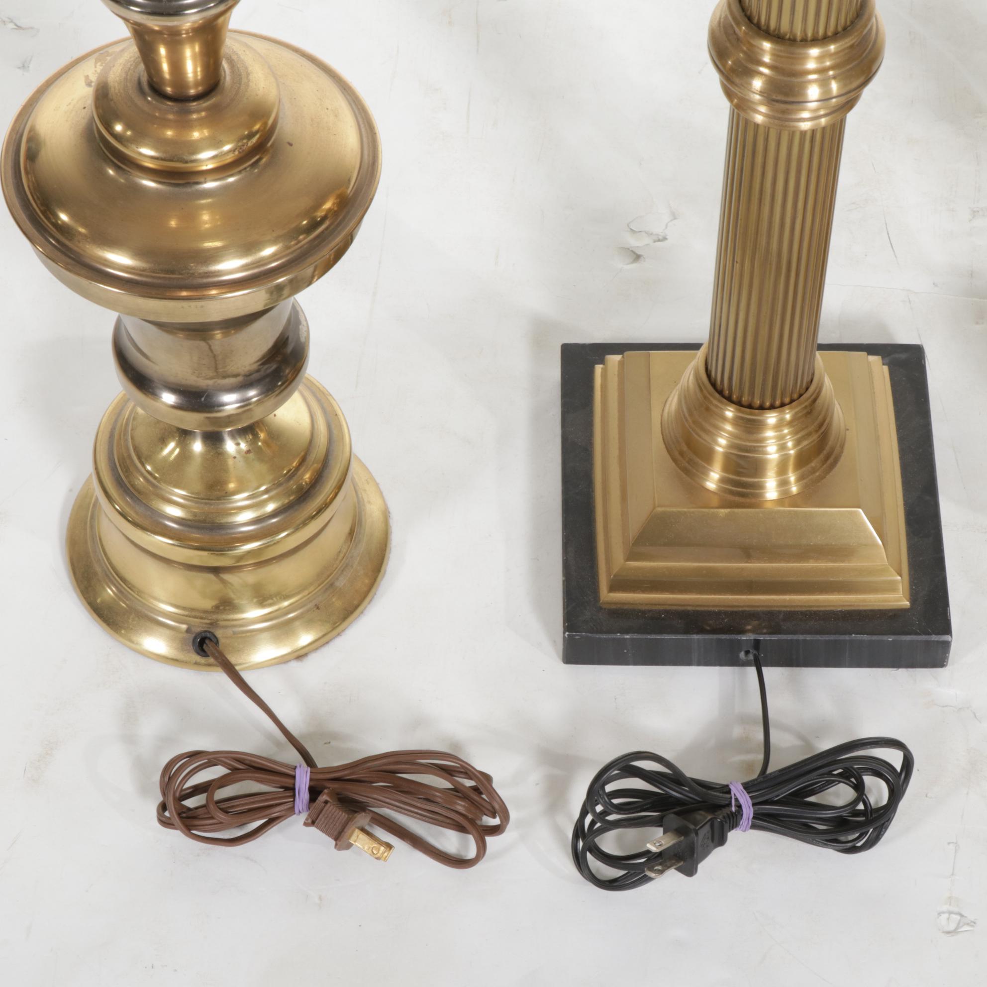 Four Brass Table Lamps with One Capiz Shell Shade Featuring Wildwood