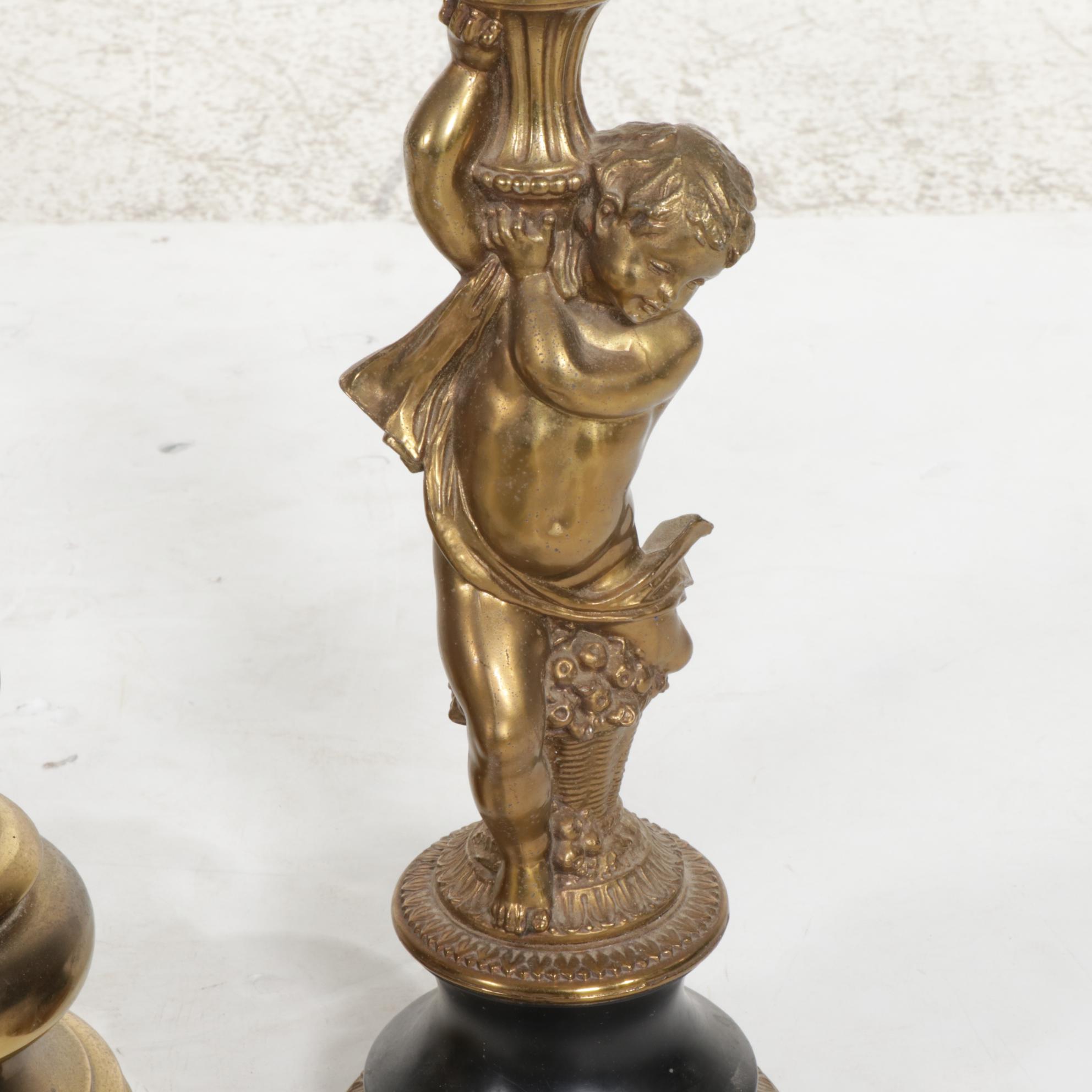 Four Brass Table Lamps with One Capiz Shell Shade Featuring Wildwood