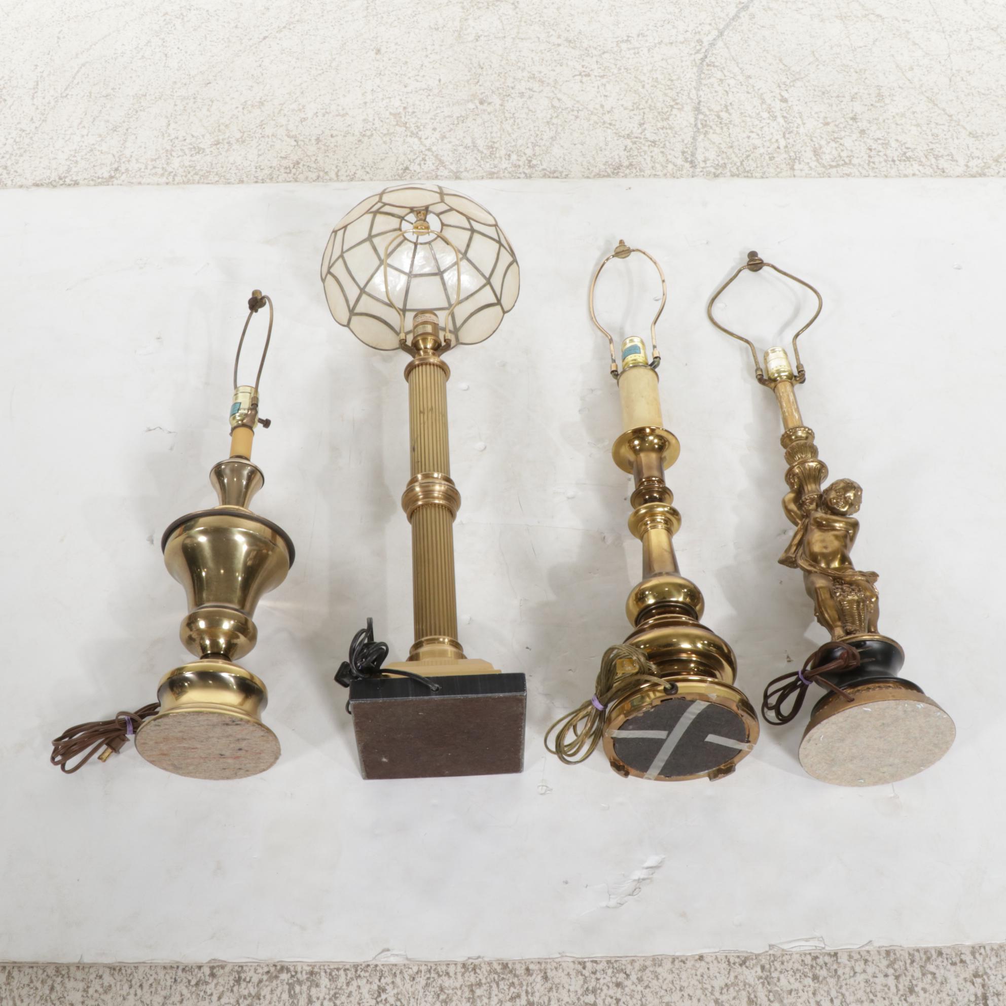 Four Brass Table Lamps with One Capiz Shell Shade Featuring Wildwood