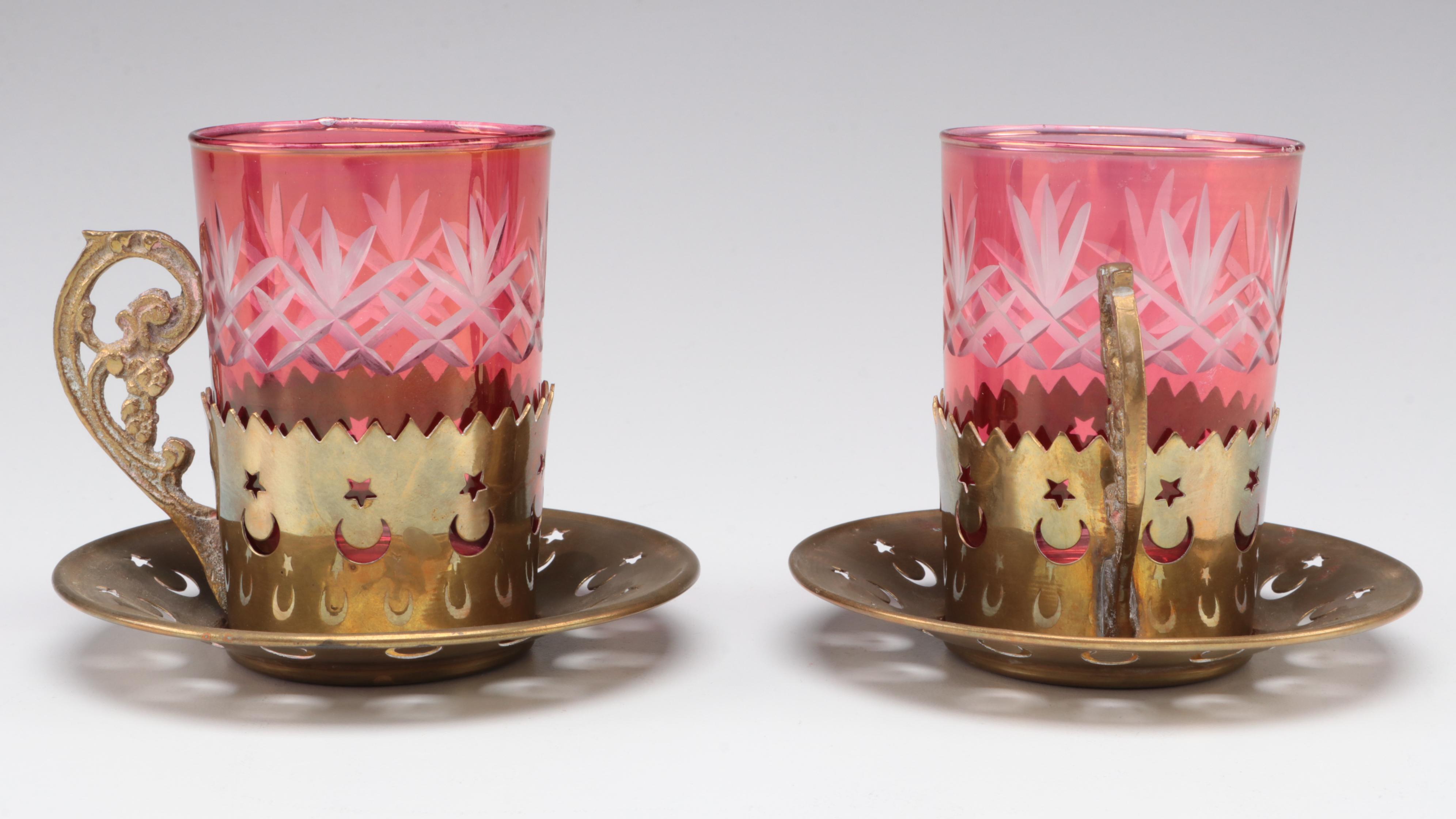 Indo-Persian Style Cut to Clear Tea Glasses with Brass Zarfs and Saucers