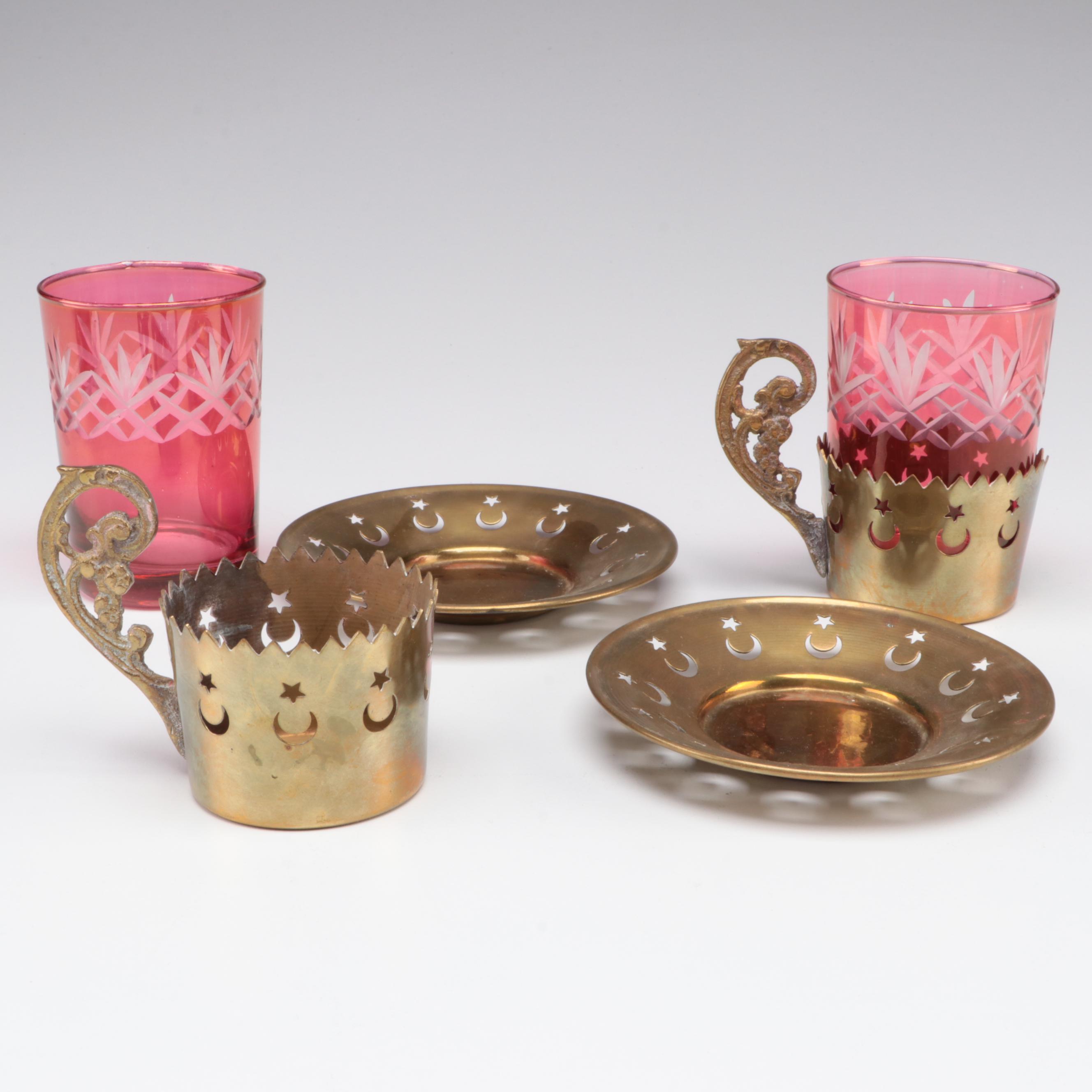 Indo-Persian Style Cut to Clear Tea Glasses with Brass Zarfs and Saucers