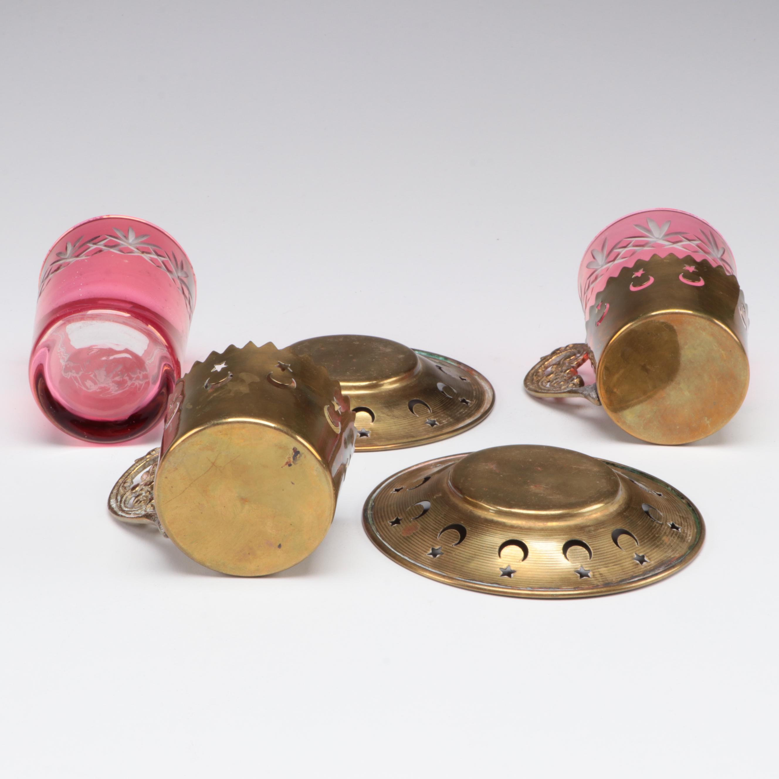 Indo-Persian Style Cut to Clear Tea Glasses with Brass Zarfs and Saucers