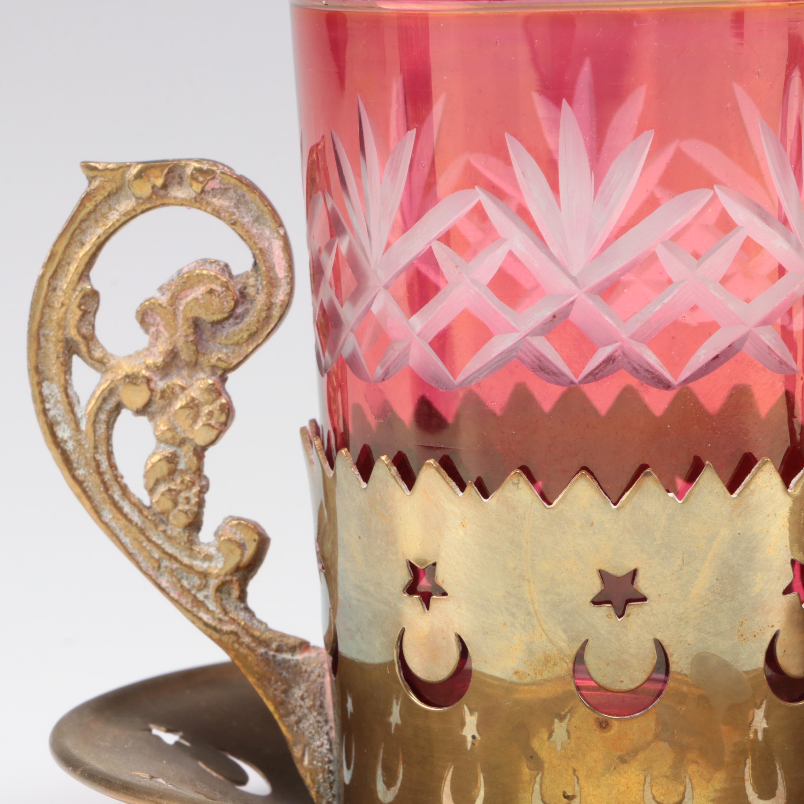 Indo-Persian Style Cut to Clear Tea Glasses with Brass Zarfs and Saucers