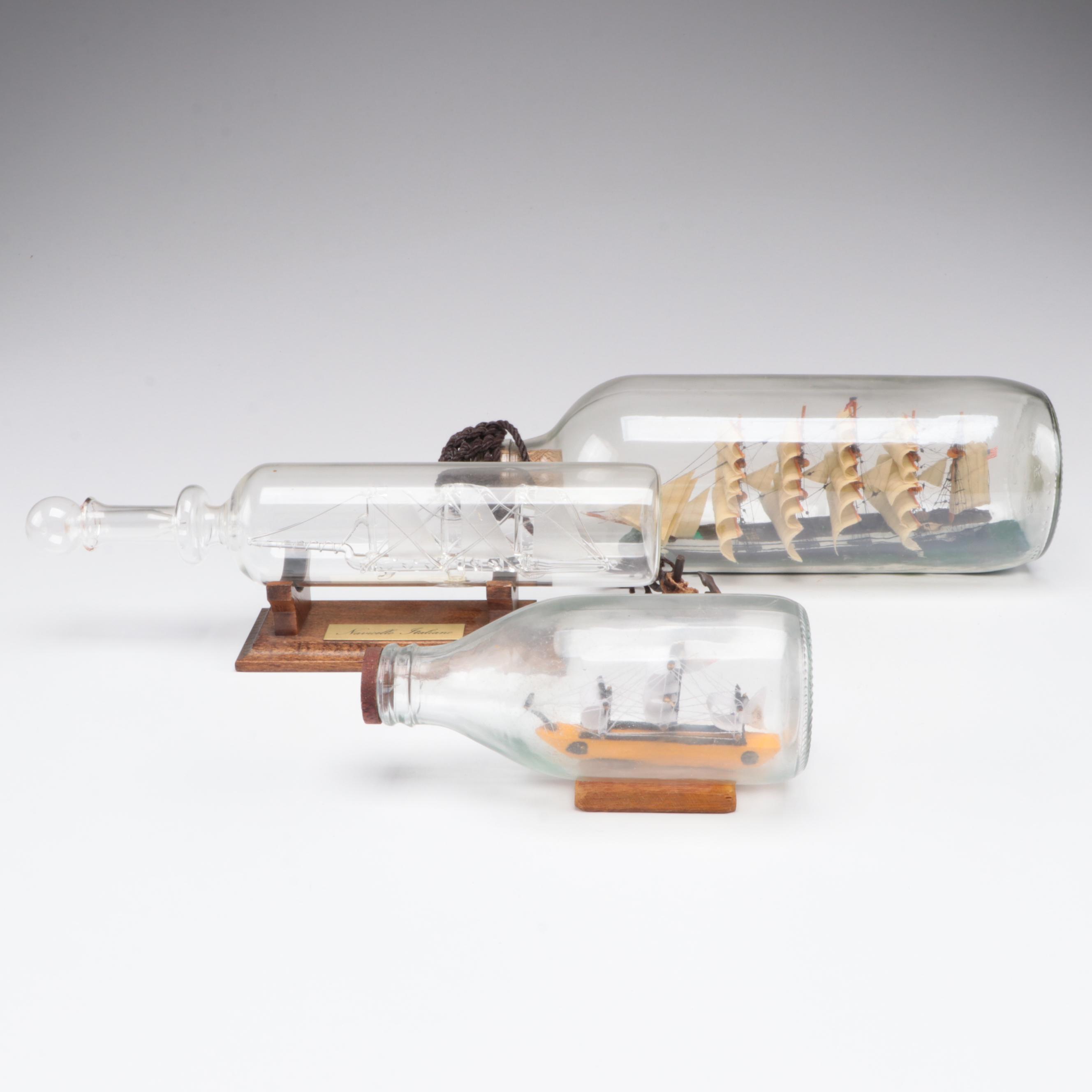 Three Handmade Miniature Ships in Bottles