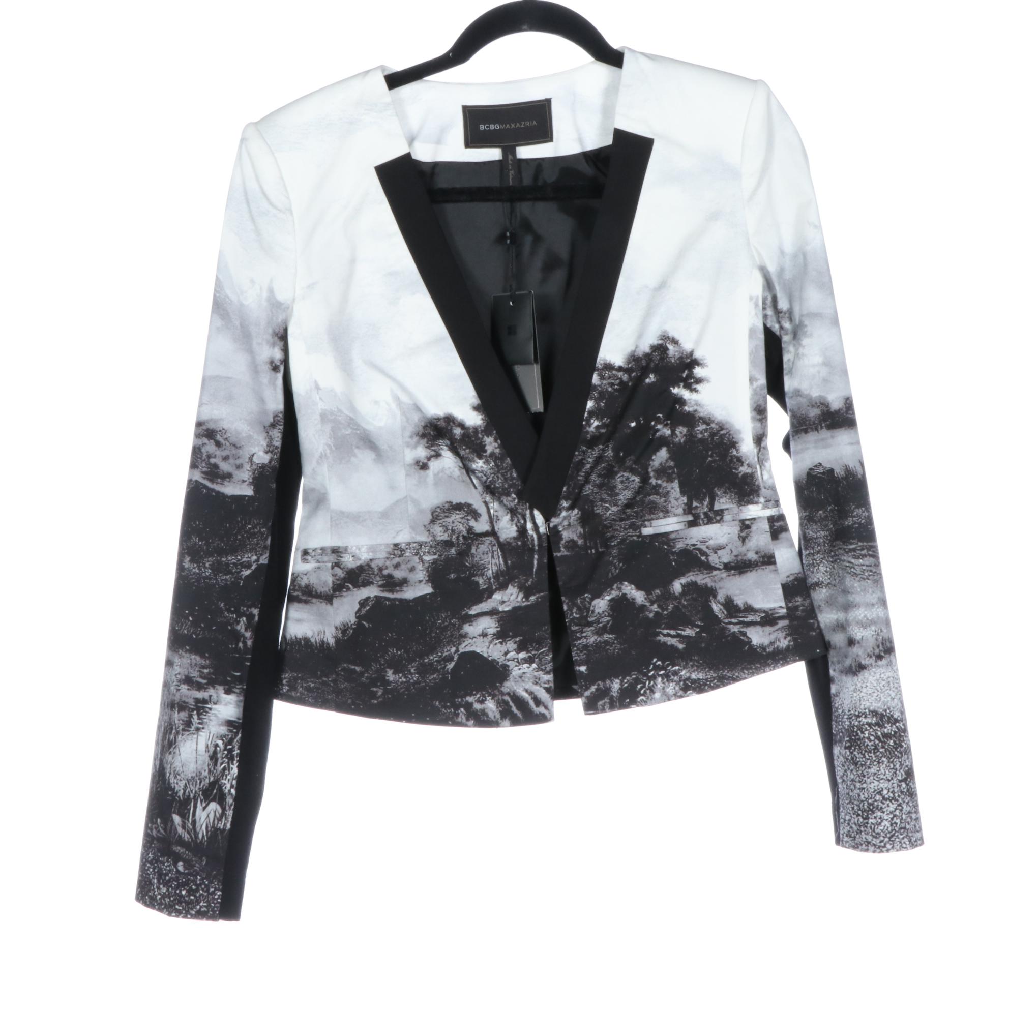 BCBG Maxazria Peplum Jacket with Satin Trim and Collarless Crop Jackets in Print